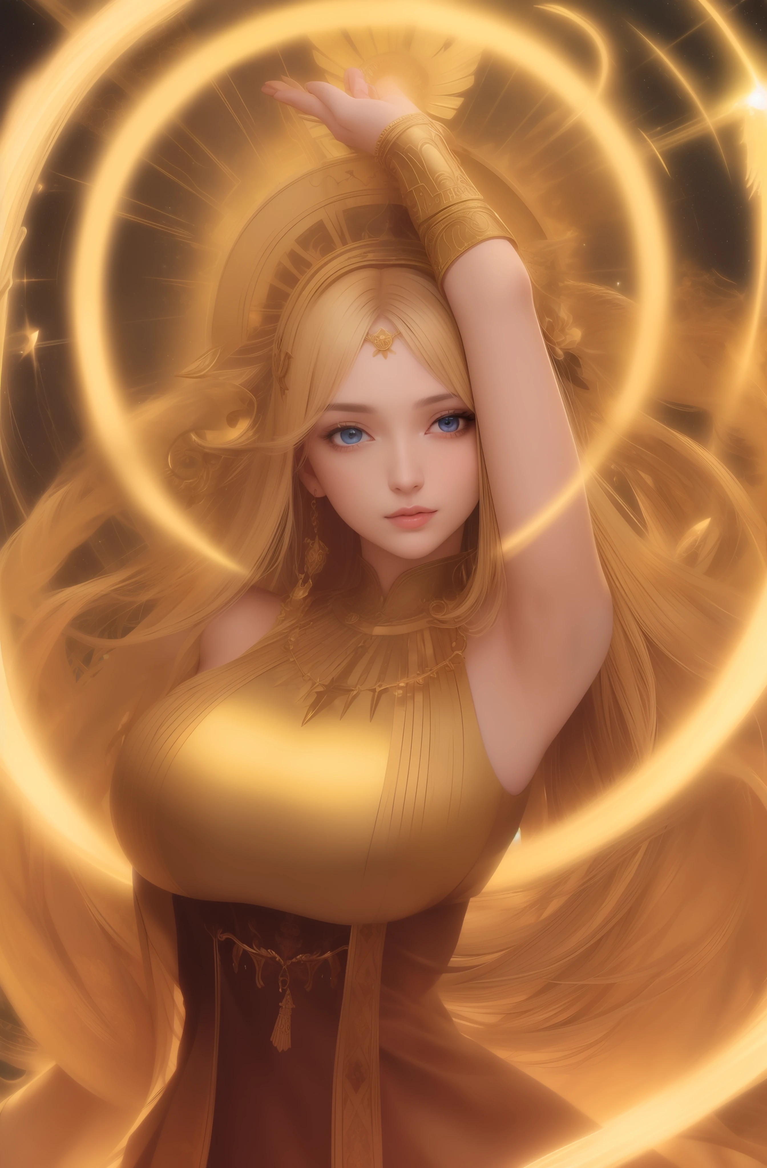 (black background:1.2),(god beam:1.2),golden light halo,starlight,(fractal art:1.2),BREAK ,(ultra high res, photorealistic, realistic, best quality,photo-realistic), (masterpiece), (best quality:1.4), full body, 1girl, big breasts, jewelry, hair over one eye, dress, bracelet, black blonde hair, golden pattern on zodiac aquarias dress, long single braid, large breasts, ring, circlet, necklace, armlet, looking at viewer, lips, blue eyes, bare shoulders, parted lips, hair ornament, (night:1.3),(yv0nn3:0.8),(spread hands:1.2), 
Aquarius, realistic fantasy, full portrait body, beautiful and powerful, rim light, high detail, DSLR, portrait lens, golden hour, captivating, digital, enchanting, mythical, detailed full portrait, beauty and strength, mirrorless, prime lens, afternoon, mesmerizing, color film, captivating, ethereal, realistic fantasy, intricate details, smartphone, standard lens, morning, powerful, digital.