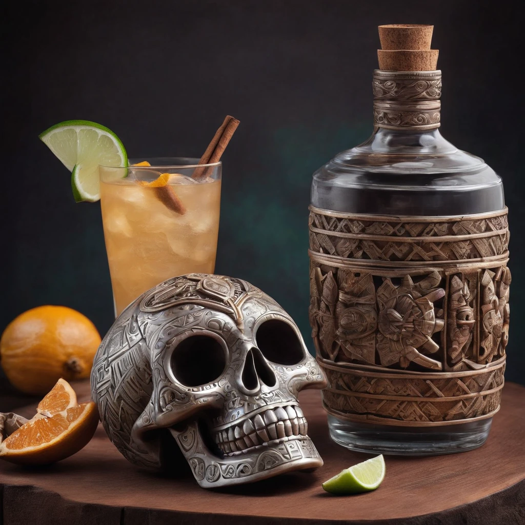 Aztec skull Tiki drink with cinnamon, rum, and tequila. Bottles of rum and tequila in background.