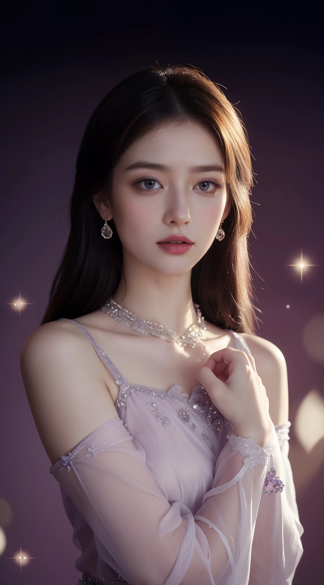 tmasterpiece, Highest high resolution,High-quality content, 8K quality photos with excellent detail, Perfect for presenting dynamic busts of noble maidens, Delicate curves, Bend hair to create gorgeous and intricate fabric textures, Plain purple eyes, Delicate floral decoration, Sparkling crystal jewelry, Highly focused and subtle details。