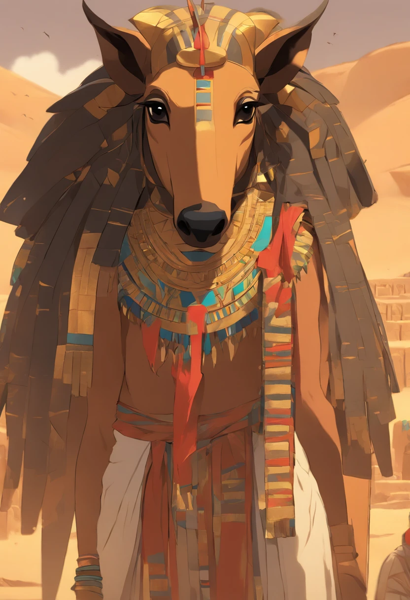 (((Egyptian God))) best quality, ultra-high resolution, 4K detailed CG, master piece,SETH,god of chaos, Egyptian mythology,expression of evil,Egyptian clothing, desert,((long nose similar to a tapir , ears similar to a donkey) ) , aesthetics, Beautiful image, centered on the screen, oasis in the background