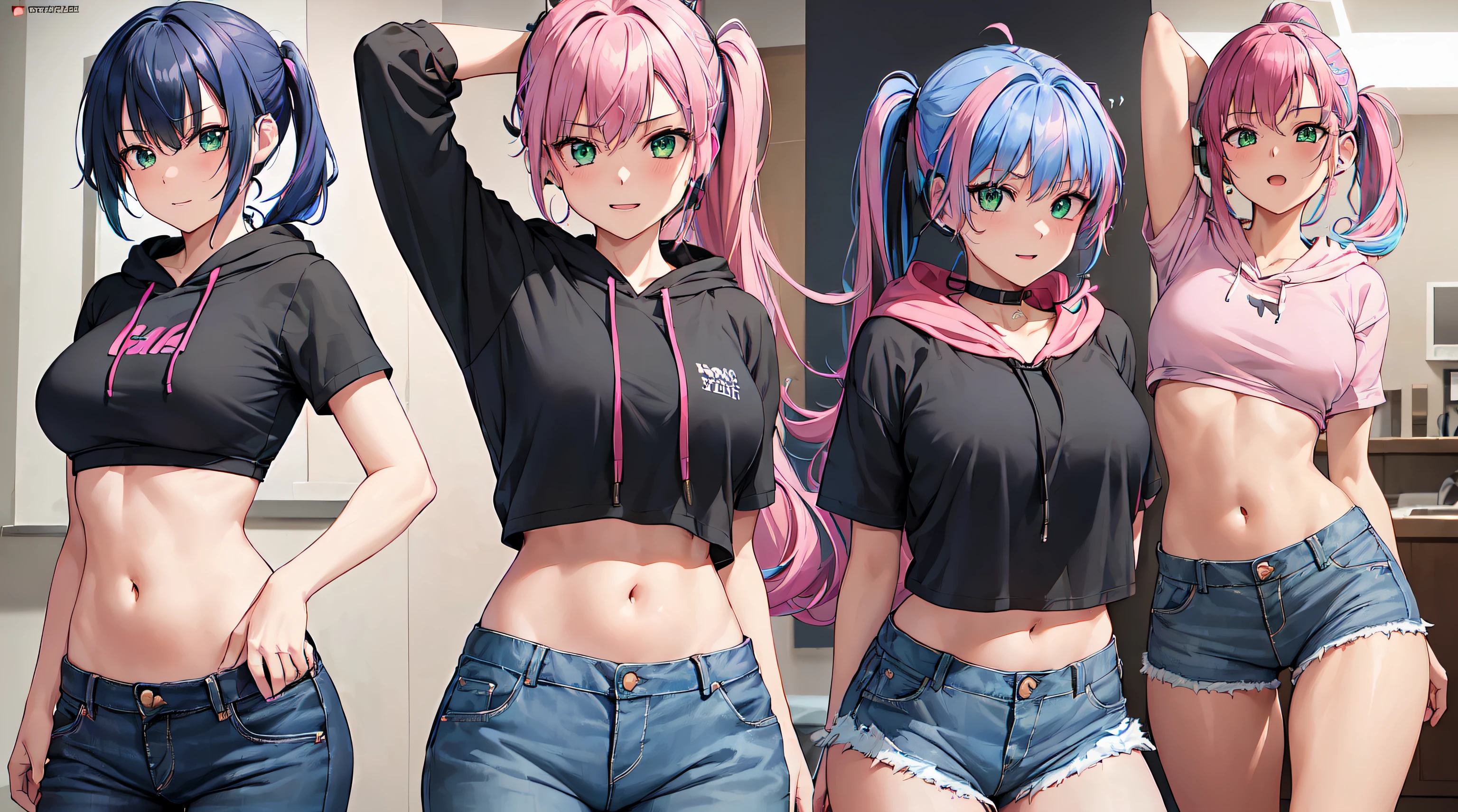 masterpiece, 1girl ((20year old, Black short sleeve hoodie exposes navel, tight blue jeans, medium breasts, multicolor pink hair, twin ponytails, green eyes, open chest wide, Happiness, headphones, dance, bedroom))