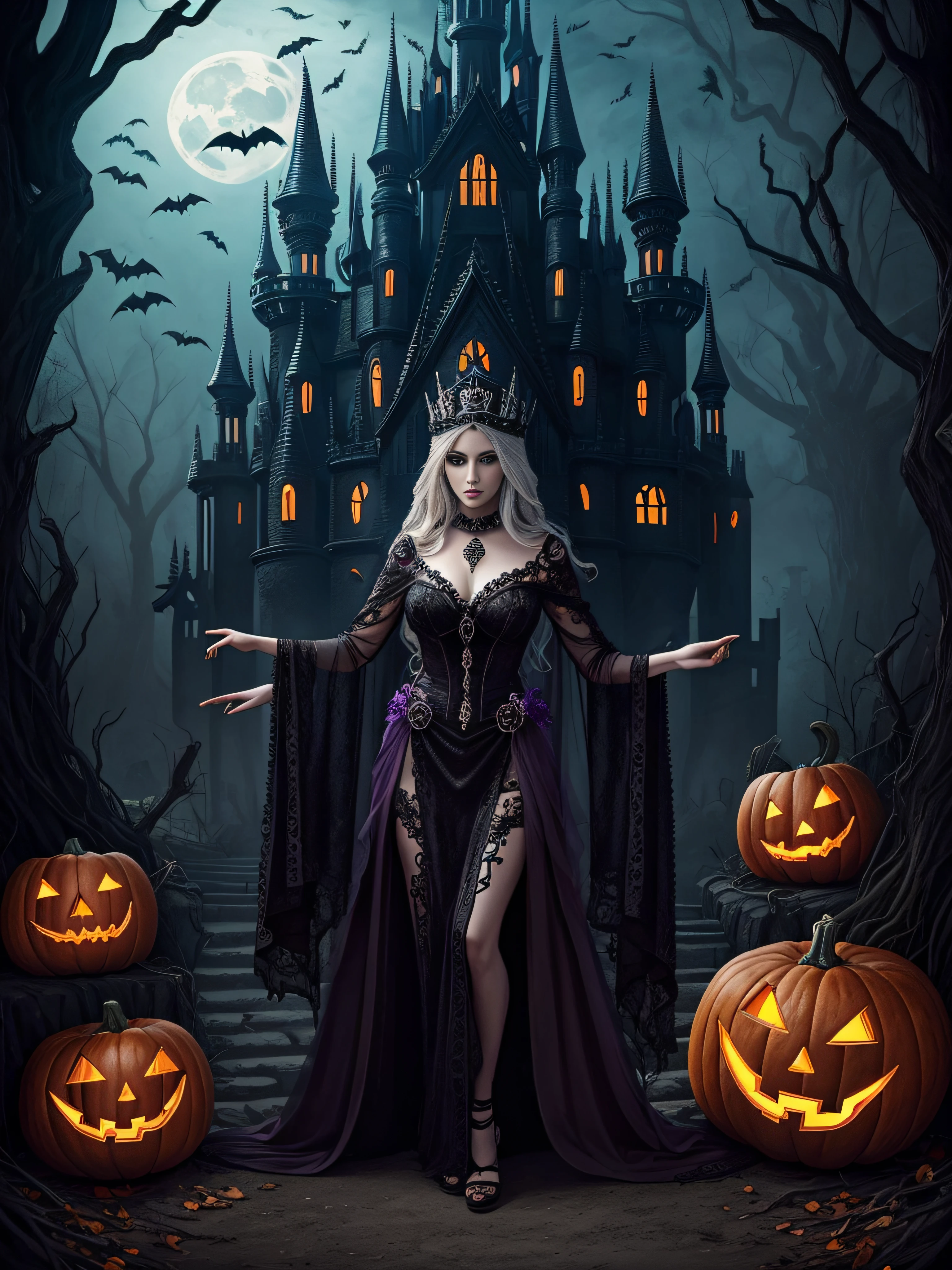 Landscape full body queen of the dead, Halloween palace in the valley, theme Halloween spectacular intricate detailed, surreal