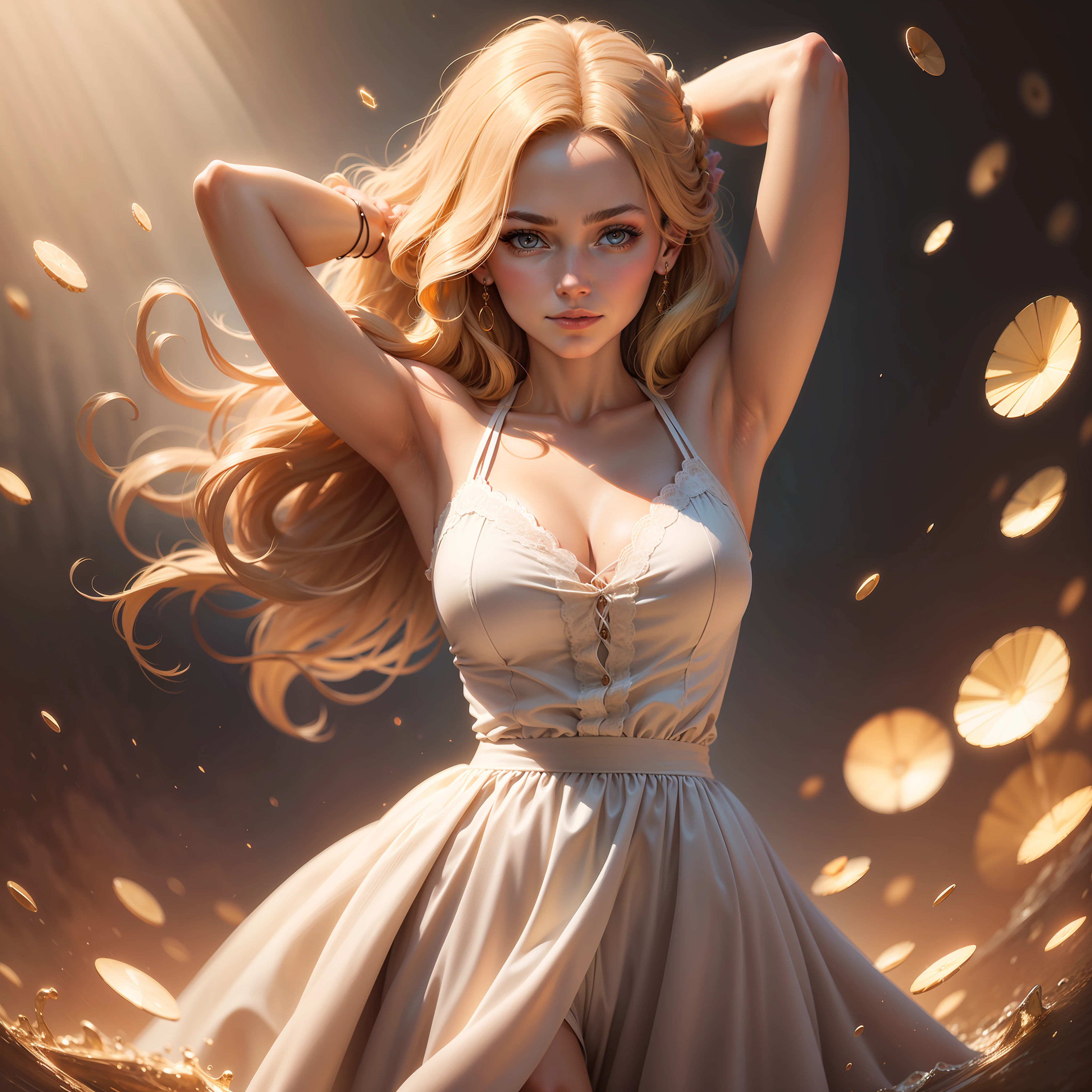 best quality, masterpiece, upper body,
(adult:1.6) hungarian woman, (smirk:0.4), arms behind head,
braided golden hair,
sparkling eyes,
victorian sundress,
floating light particles, centered,