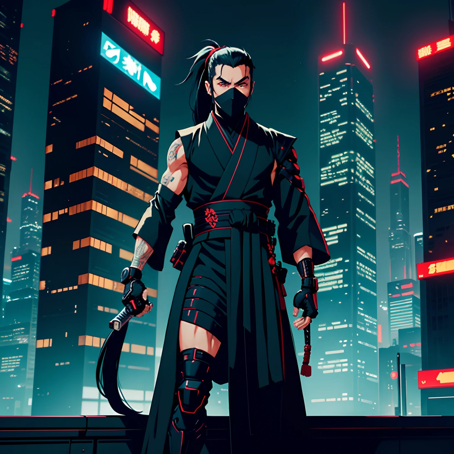 A male ninja in traditional clothing,  but also futuristic like a time traveler. He has long black hair tied in a ponytail,  and wears a black kimono with red accents. HIS face is covered by a black ninja mask,  but his eyes are visible and they are bright and intelligent. He has a futuristic katana sword strapped to his back,  and his arms and legs are covered in cybernetic implants. He stands in a dynamic pose,  ready to strike.

The background is a futuristic city at night. Neon lights and towering skyscrapers fill the distance. The ninja is perched on a rooftop,  looking down over the city. He is the guardian of this future,  and he is ready to protect it from any threat.