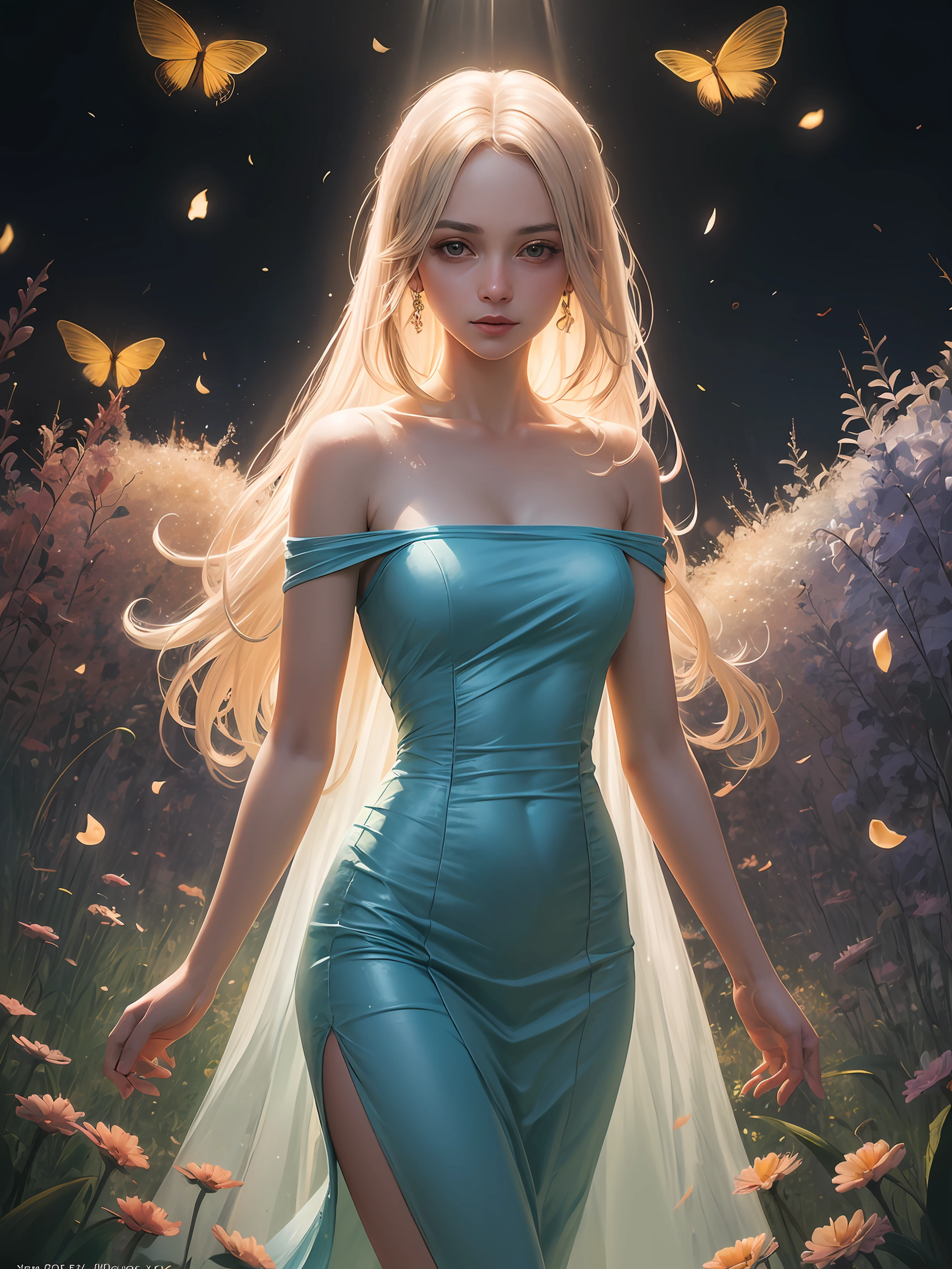 Masterpiece, Top Quality, High Resolution, Super Dimensional Face, Cute Eyes, Very Beautiful Girl in Long Blue Dress Anime Character, One Beautiful Girl, Long Dress, Solo, Blue Dress, (Bob-cut Hair:1.1), Amber Eyes, Gazing, Blonde Hair, ((Hair Fluttering in Wind)), , Medium Chest, Hoop Earrings, Fluttering hair, Night sky, Meteor shower, Fantastic, Phantom moon, Light smile, Dynamic, Fantasy, Otherworldly, Mysterious place