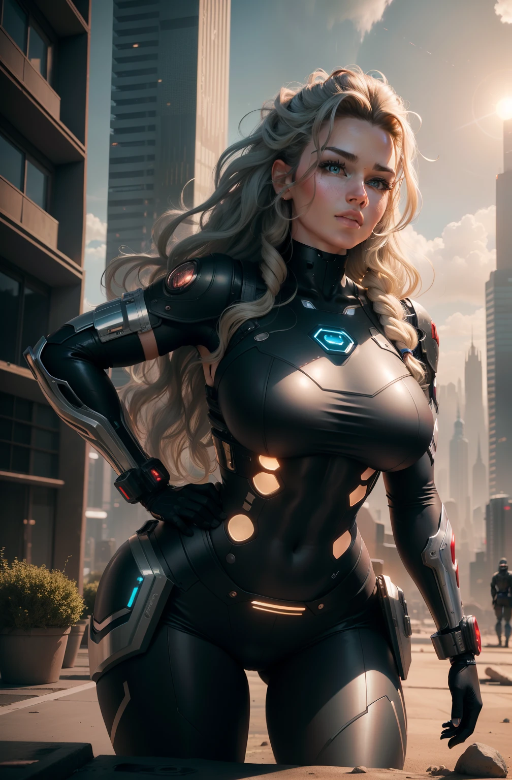 ultra realistic 8k cg, (futuristic:, perfect artwork, masterpiece, futuristic city, futuristic era, mechanic, fantasy),  30yo muscular cyborg soldier,amazing stunningly beautiful, looking at camera, wavy shiny hair, soft curves, large buttocks, full lips, cybernetic body, perfect body, round brests, shibari, 3d, ultra realistic, sun