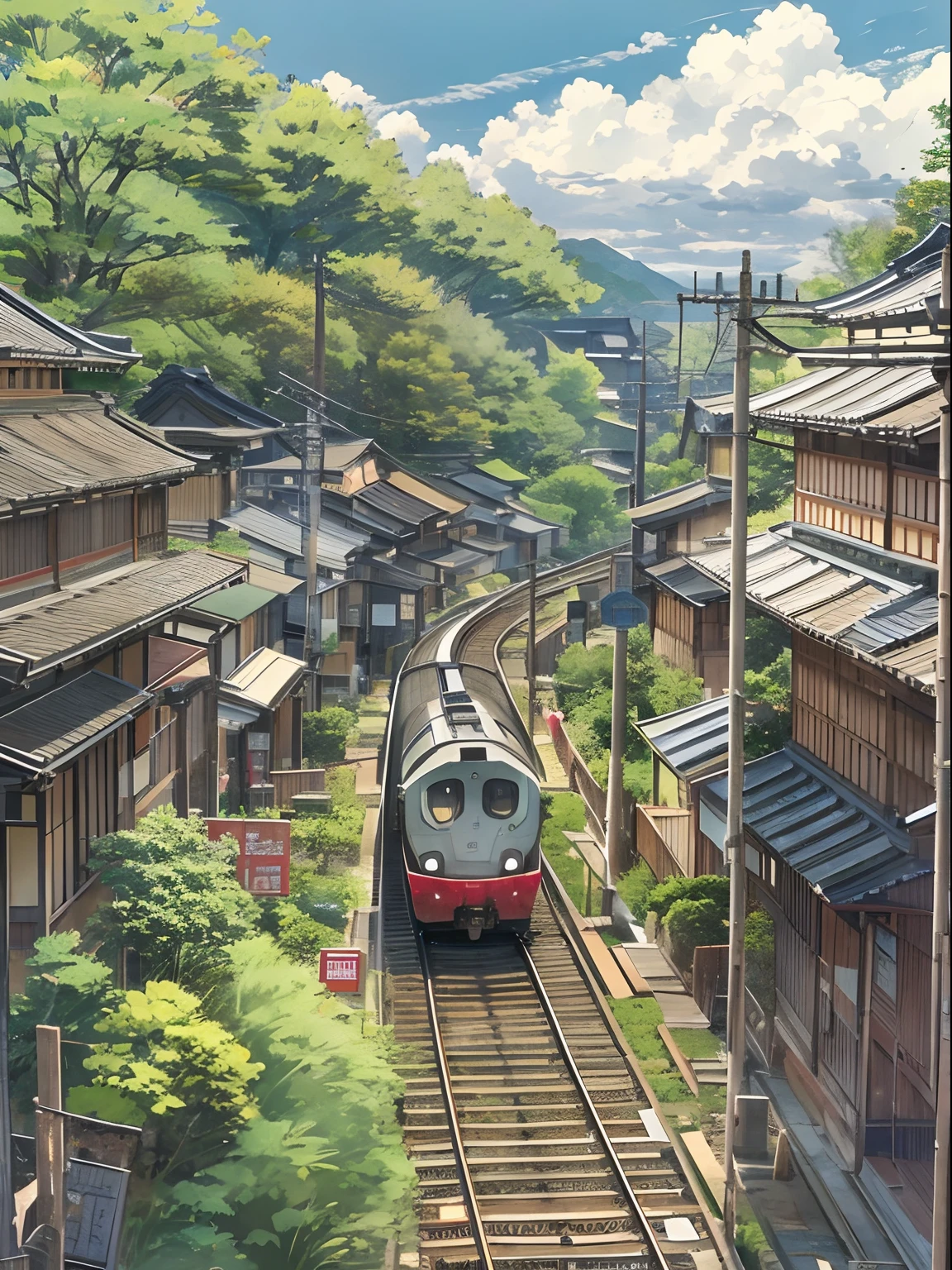 Central Japan train、Japan countryside、Cinematic scenery、Ghibli、during daytime、Clouds,masutepiece,Best Quality,Sketch style、