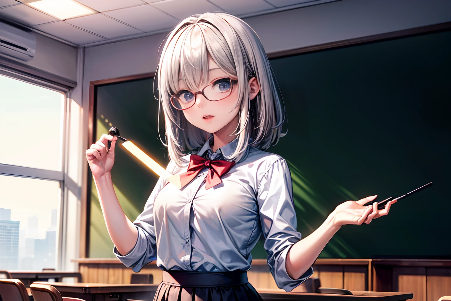 1. Teacher stands on the podium、Lecturers,Clear facial features,Classroom,chalk board,Celebration Teacher's Day,Katyusha、eye glasses、cinmatic lighting,masutepiece,,depth of fields, Lens Flare Glow,8K, RAW Photos, sportrait, best qualtiy, 超A high resolution, realisticlying,超A high resolution,HD CG unified 8K wallpapers,physically-based renderingt,
