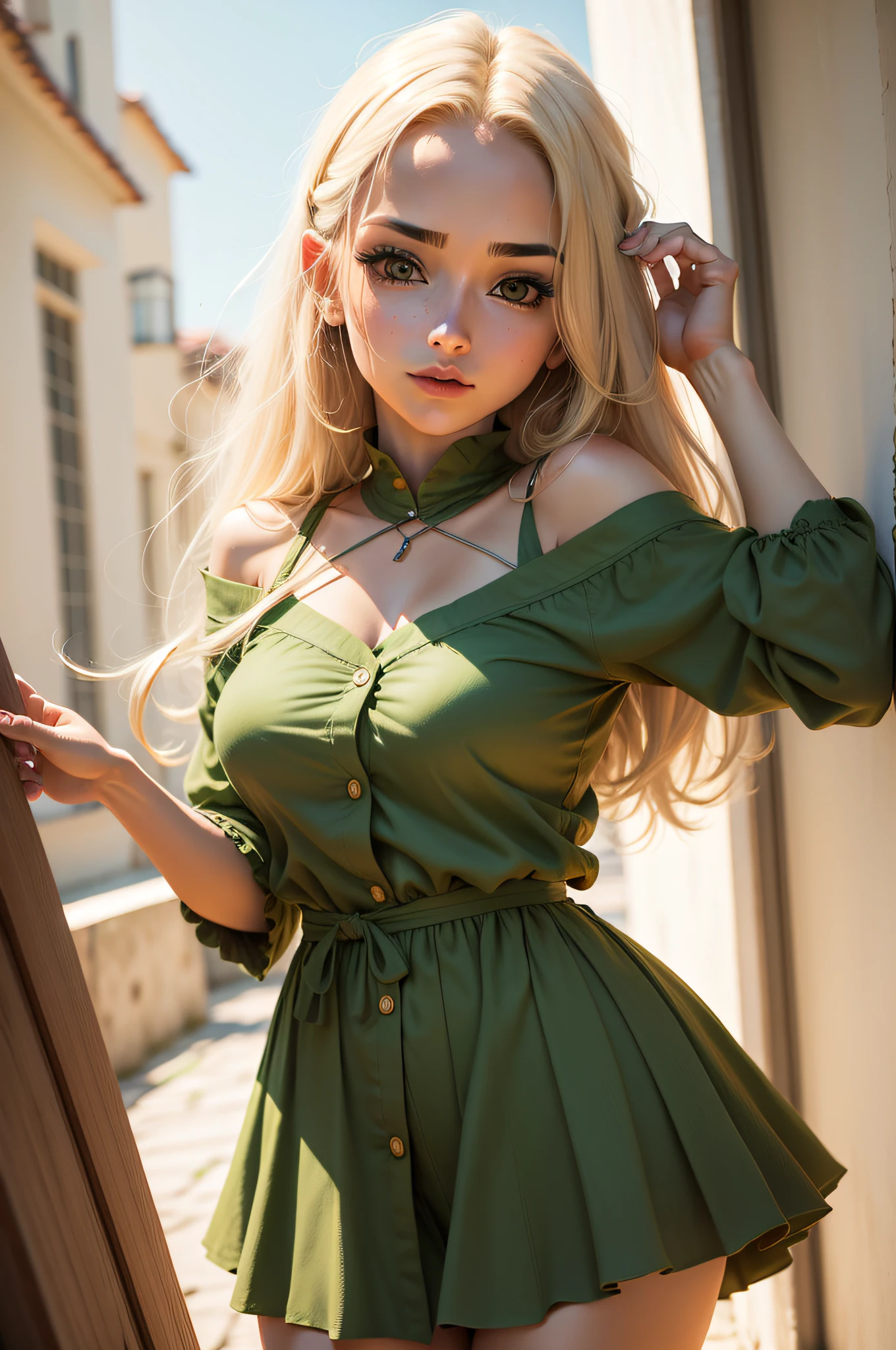 melhor qualidade, master part, altamente detalhado, Semi realistic, a girl,20 anos, Cabelos amarelos curtos , pouca roupa , olhos verdes --auto