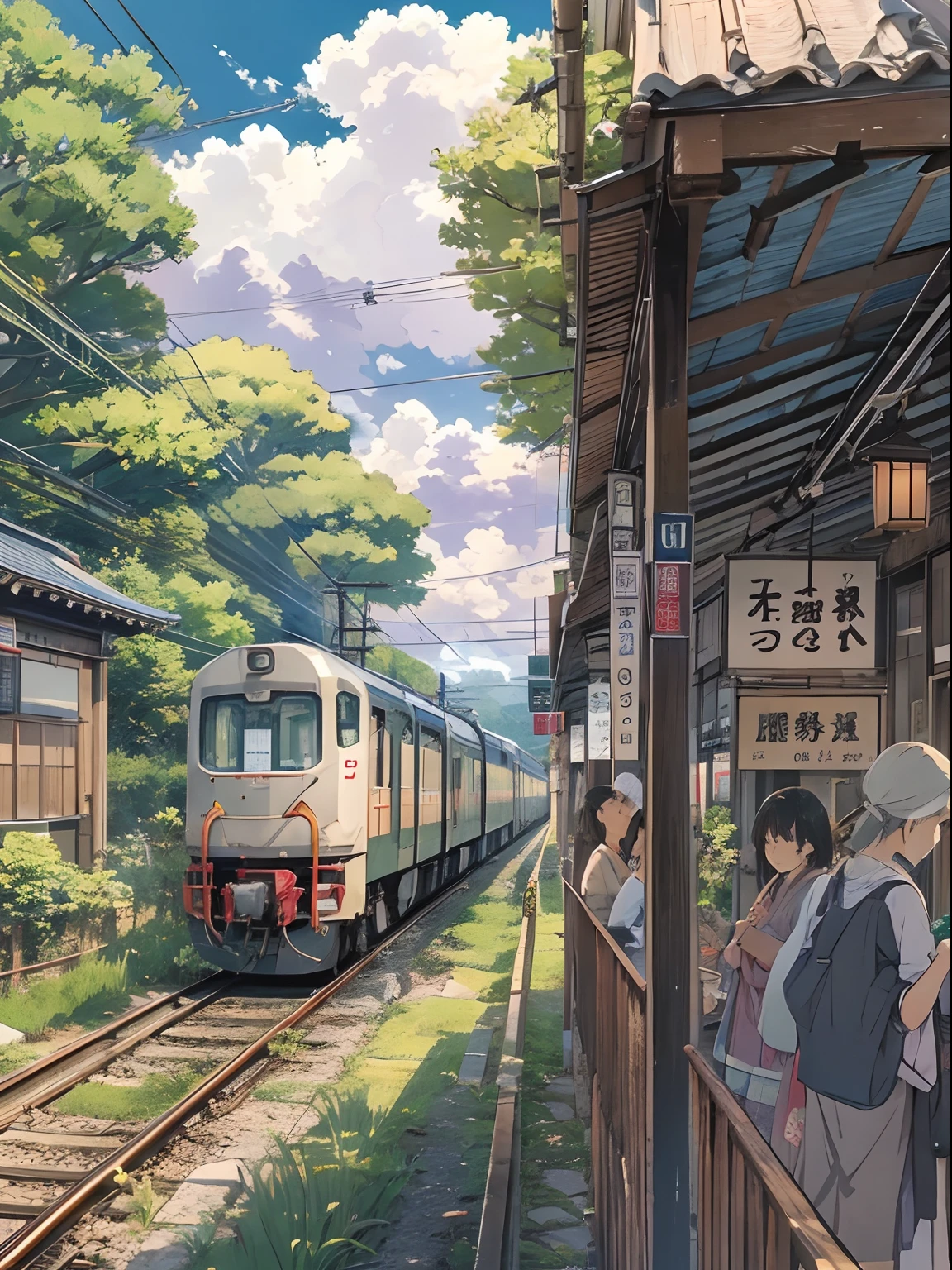 Central Japan train、Japan countryside、Cinematic scenery、Ghibli、during daytime、Clouds,masutepiece,Best Quality,Sketch style、