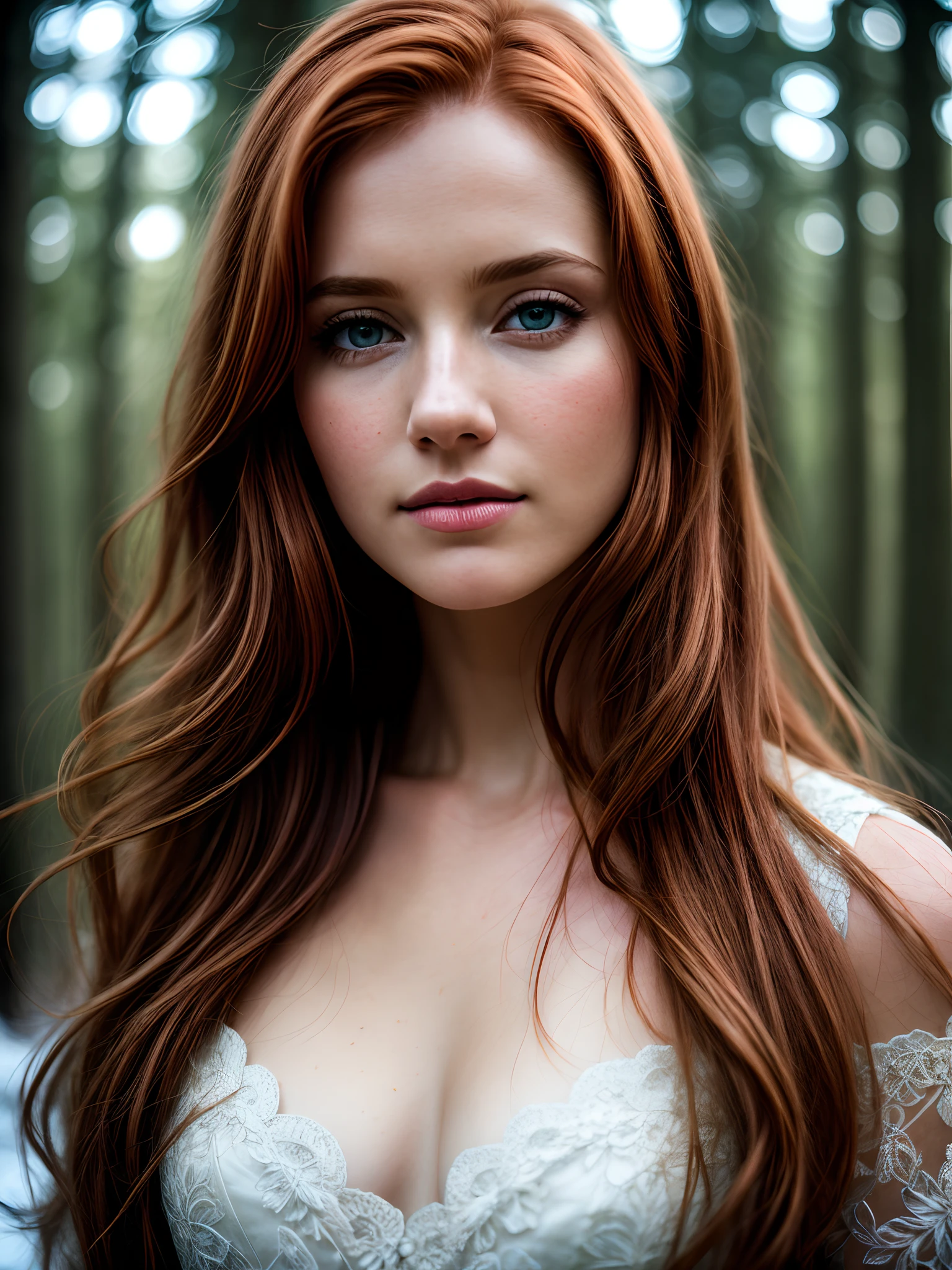 close up of a european woman, long ginger hair, winter forest, (cleavage), natural skin texture, 24mm, 4k textures, soft cinematic light, RAW photo, photorealism, photorealistic, intricate, elegant, highly detailed, sharp focus, ((((cinematic look)))), soothing tones, insane details, intricate details, hyperdetailed, low contrast, soft cinematic light, dim colors, exposure blend, hdr, faded
