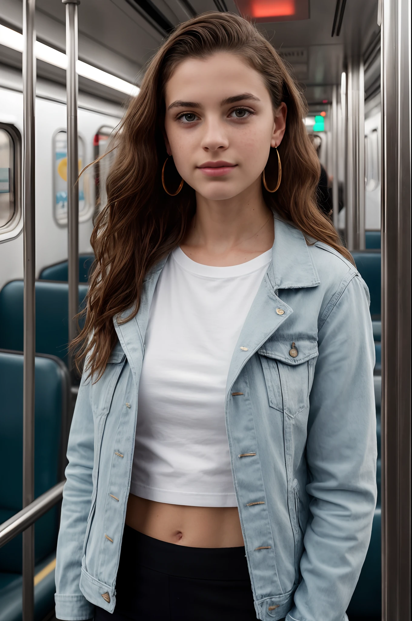 ((Croatian pre-teen)), beautiful girl, freckles on her face, Light blue eyes, Big earrings, white_t-shirt, jacket, black_leggings_pants, full body, shot from below, very fair skin, very long hair, wavy hair, red hair, busy subway car, photorealistic, Indirect lighting, volumetric light, ray tracing, hyper-detailed, best quality, ultra-high resolution, HDR, 8k