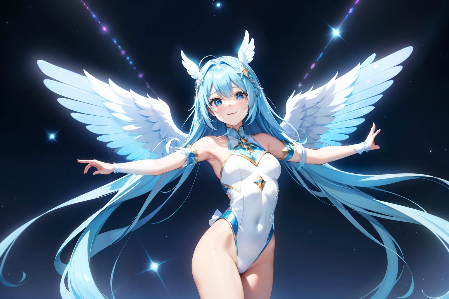Super Idol a beauty girl A charming smile sky blue hair length hair Twin-tailed Sparkly bright pure white leotard Facing straight ahead、arms spread wide、Spread 6 large iridescent angel wings on the back Mystical Spectacular sparkling backdrops you've never seen before Fantasia constellation a moon Crystal Brilliance Aurora Borealis in the Night Sky Angelic aura Fantasy of Light