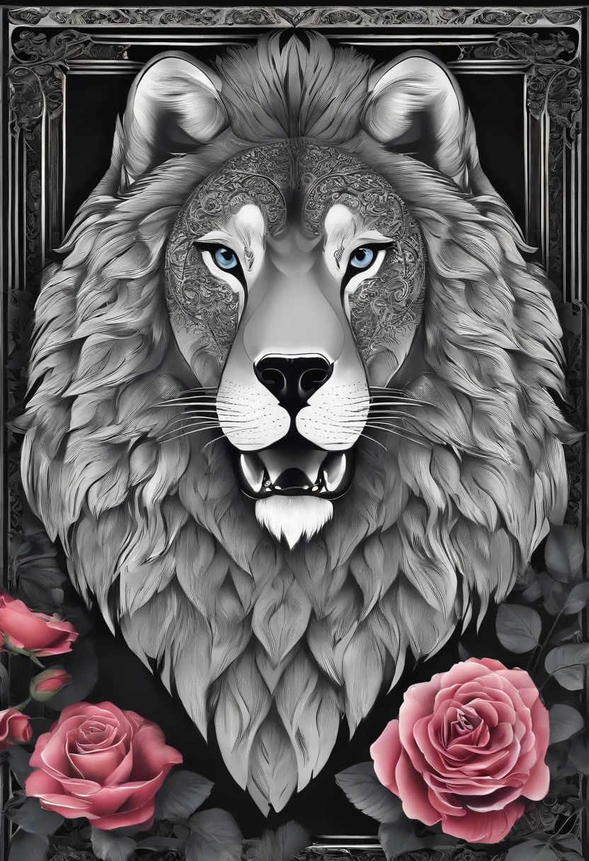 rosto de lobo maligno com rosas negras, arte em preto e cinza