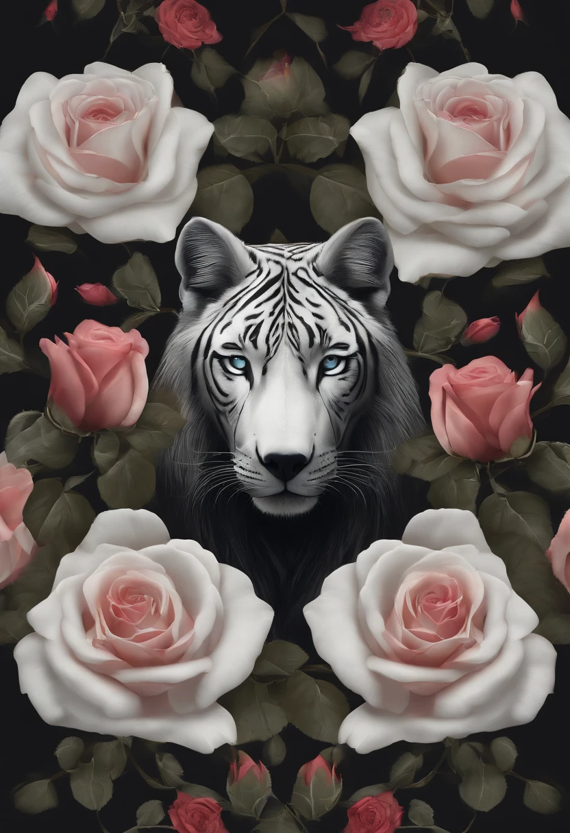 rosto de lobo maligno com rosas negras, arte em preto e cinza