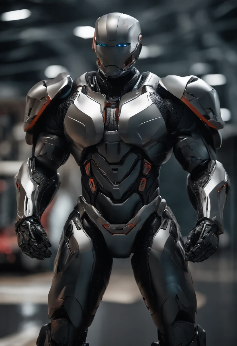 guerreiro futurista, preto, corpo escultural, Muscle Building, 8k, hiper detalhado, hyper realistic, Robotic armor, cromar, detalhes azuis, sorriso perfeito, master part,