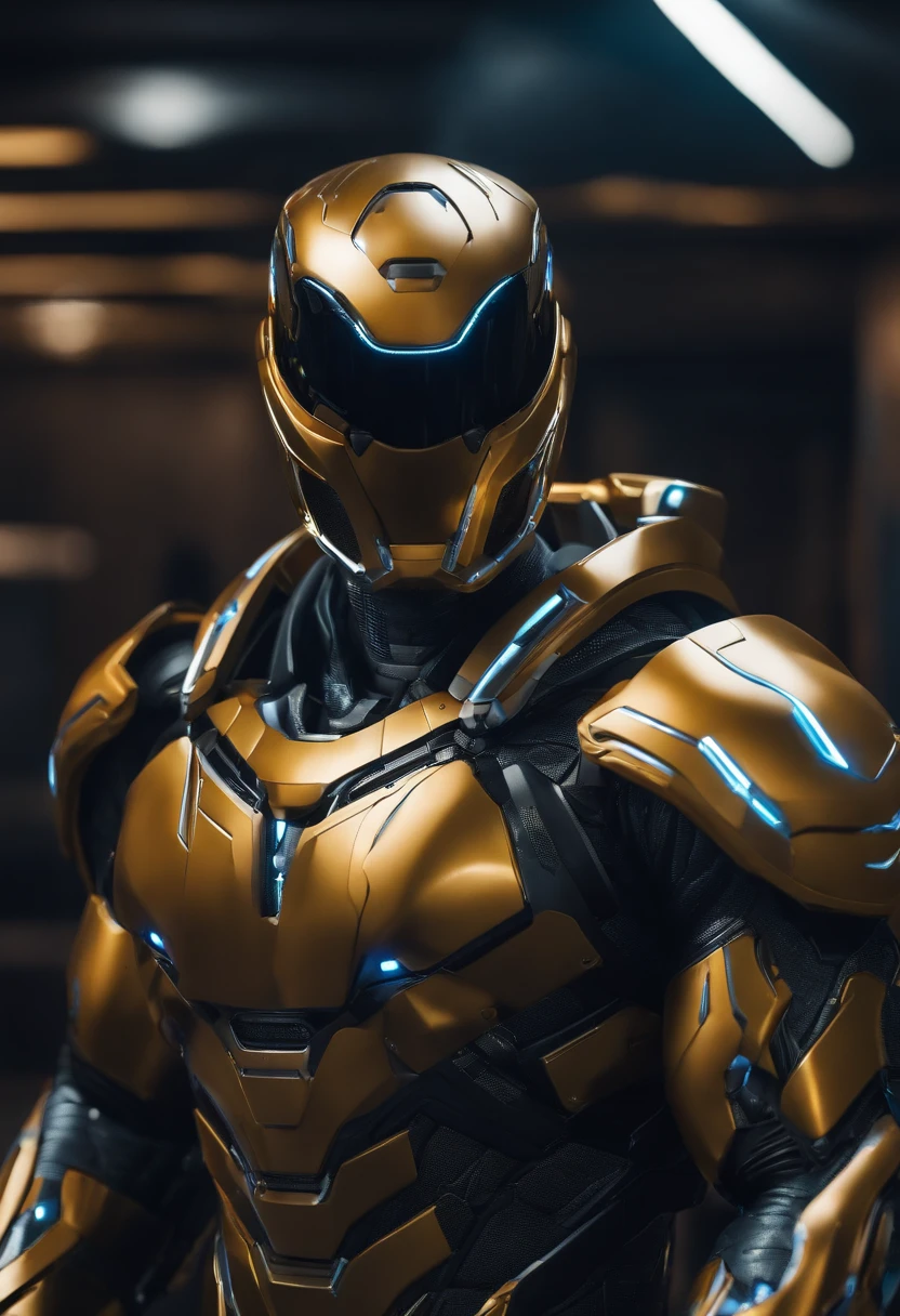 guerreiro futurista, preto, corpo escultural, Muscle Building, 8k, hiper detalhado, hyper realistic, Robotic armor, cromar, detalhes azuis, sorriso perfeito, master part,