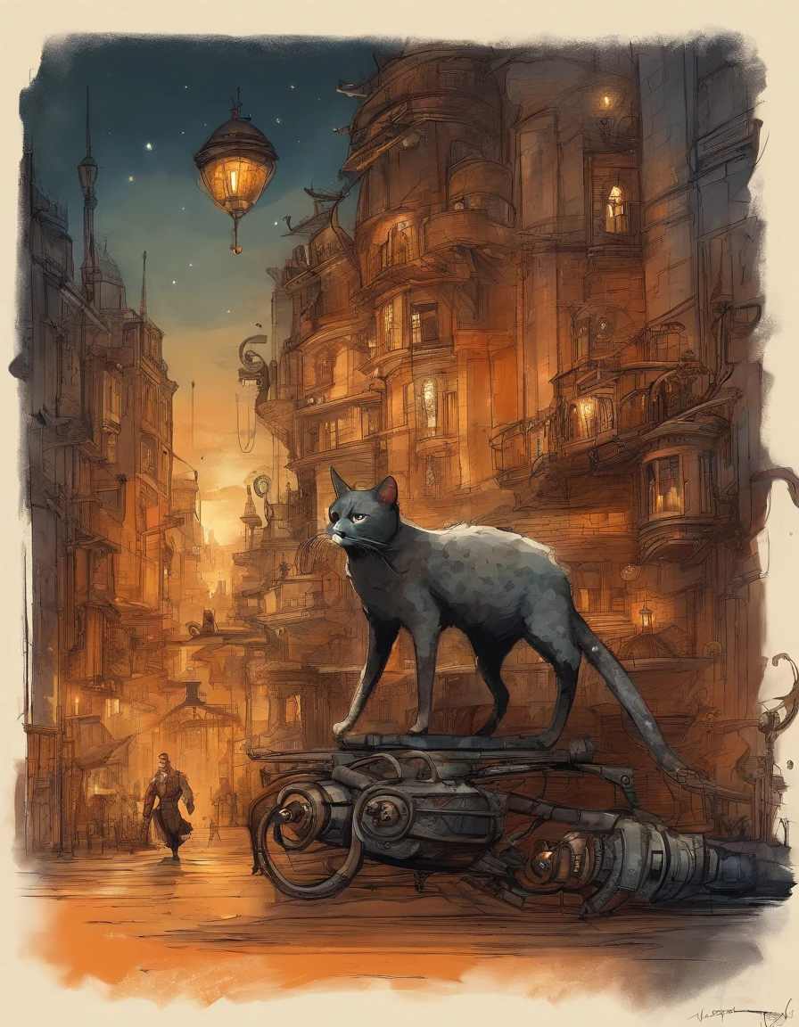 Benedick Bana illustration of A cat with a sparkling skin and magical eyes in the middle of a lush steampunk city. Engrenagens gigantes, Airships and ornate buildings make up the scenery, while the cat seems to be in tune with the magical energy of the city. The orange light of twilight highlights the magical and metallic details around. Digital illustration with intricate details and steampunk elements.