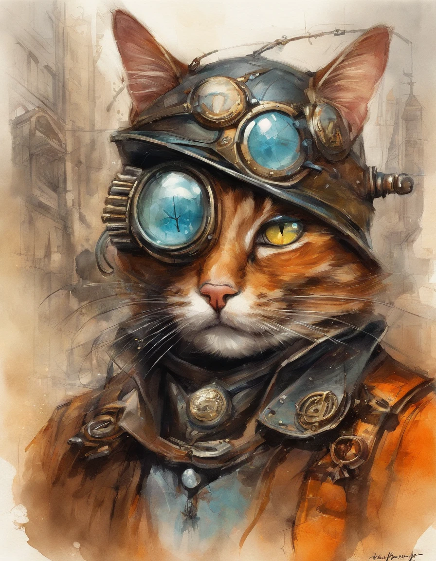 Benedick Bana illustration of A cat with a sparkling skin and magical eyes in the middle of a lush steampunk city. Engrenagens gigantes, Airships and ornate buildings make up the scenery, while the cat seems to be in tune with the magical energy of the city. The orange light of twilight highlights the magical and metallic details around. Digital illustration with intricate details and steampunk elements.