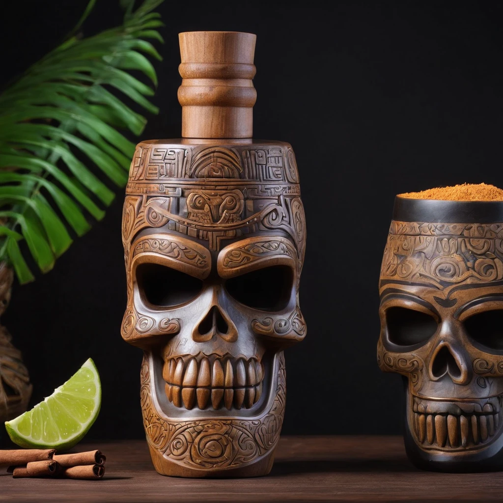 Tiki drink with cinnamon, rum, and tequila, inside of an Aztec skull shaped Tiki mug. Bottles of rum and tequila in background.
