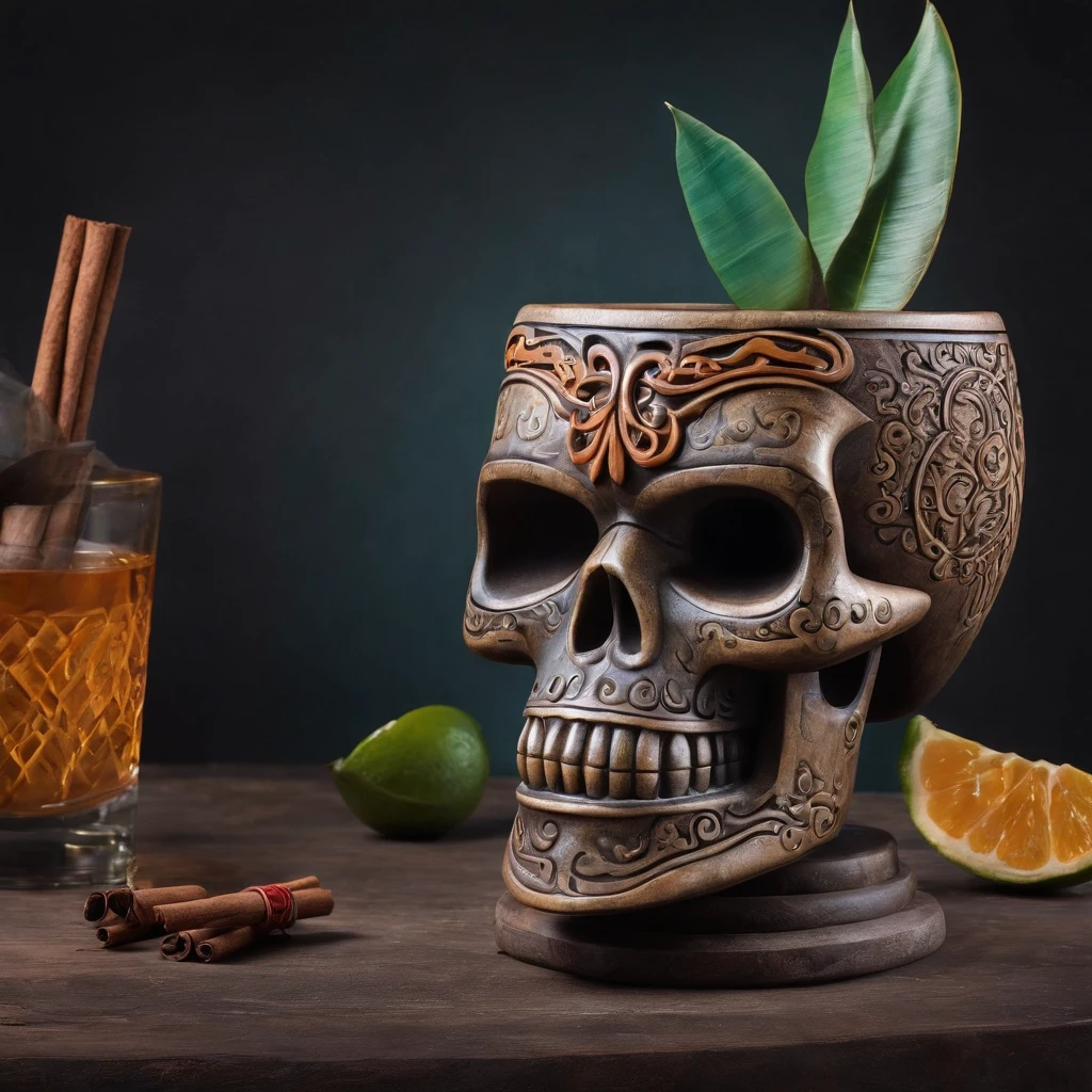 Tiki drink with cinnamon, rum, and tequila, inside of an Aztec skull shaped Tiki mug. Bottles of rum and tequila in background.
