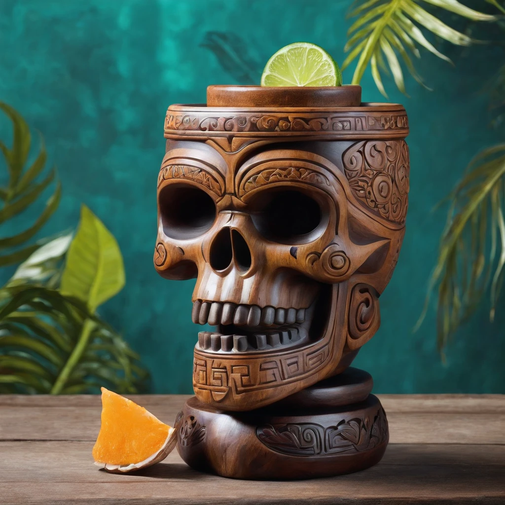 Tiki drink with cinnamon, rum, and tequila, inside of an Aztec skull shaped Tiki mug. Bottles of rum and tequila in background.