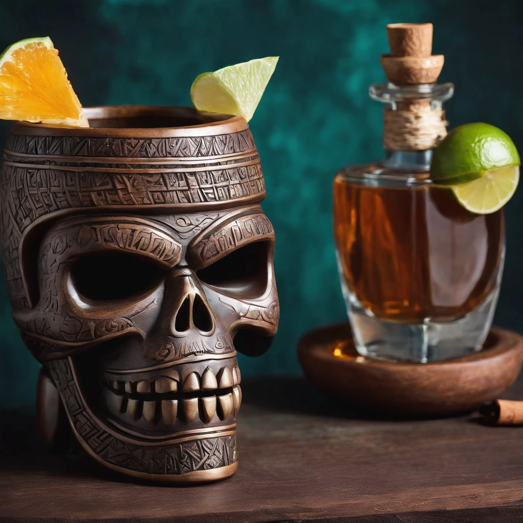 Tiki drink with cinnamon, rum, and tequila, inside of an Aztec skull shaped Tiki mug. Bottles of rum and tequila in background.