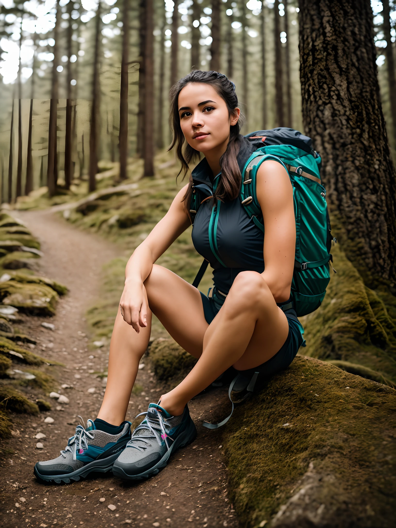 RAW photo, 1girl, a (portrait:1.2) of full body a cute woman as a hiker on the top of a hill, (high detailed skin:1.2), 8k uhd, dslr, soft lighting, high quality, film grain, Fujifilm XT3