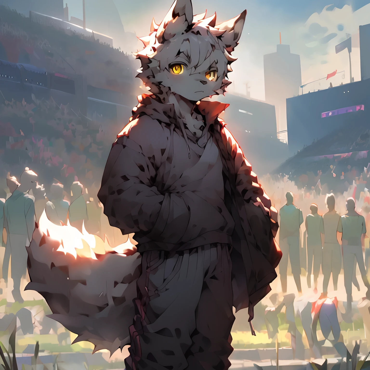 Gray skin,Gray ears,Golden eyes,hairy chest,(Fluffy tail:1.2),wearing sweatshirt。long trousers,athletic sneakers,Stand on the sports field