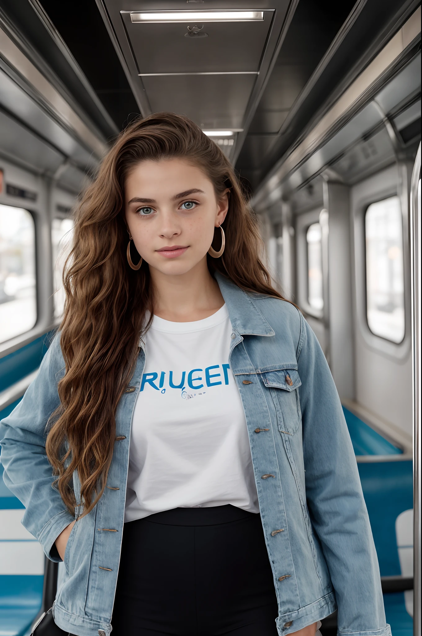 ((Croatian pre-teen)), beautiful girl, freckles on her face, Light blue eyes, Big earrings, white_t-shirt, jacket, black_leggings_pants, full body, shot from below, very fair skin, very long hair, wavy hair, red hair, busy subway car, photorealistic, Indirect lighting, volumetric light, ray tracing, hyper-detailed, best quality, ultra-high resolution, HDR, 8k