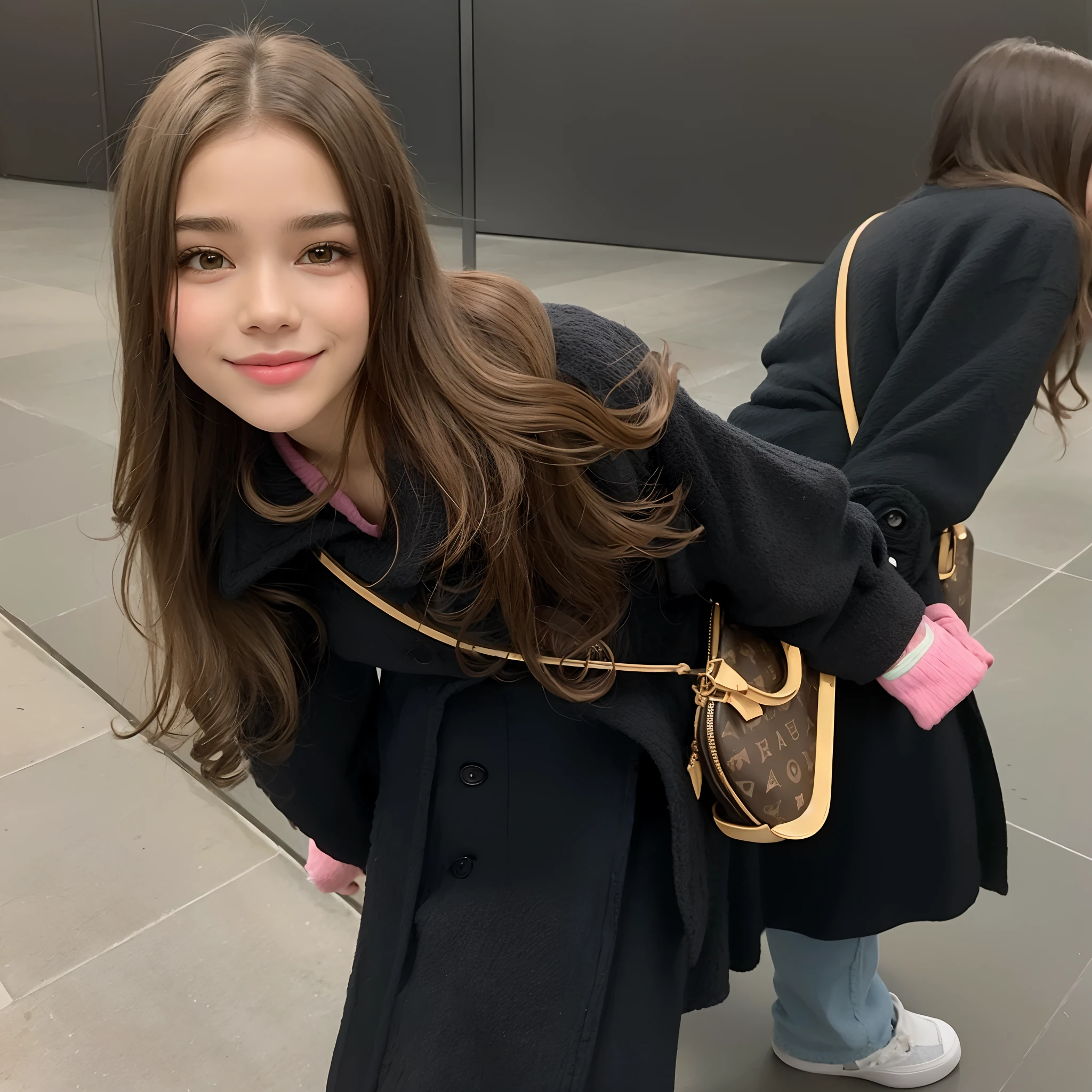 Araffe em um casaco preto e camisa rosa e uma bolsa marrom, Eva Elfie, imagem vazada, 19-year-old girl, Lv, Joey Rei, 18 anos, 1 6 anos, imagem de qualidade muito baixa, Kailee Mandel, MacKenzie Foy, ela tem cerca de 1 6 anos de idade, Hailee Steinfeld