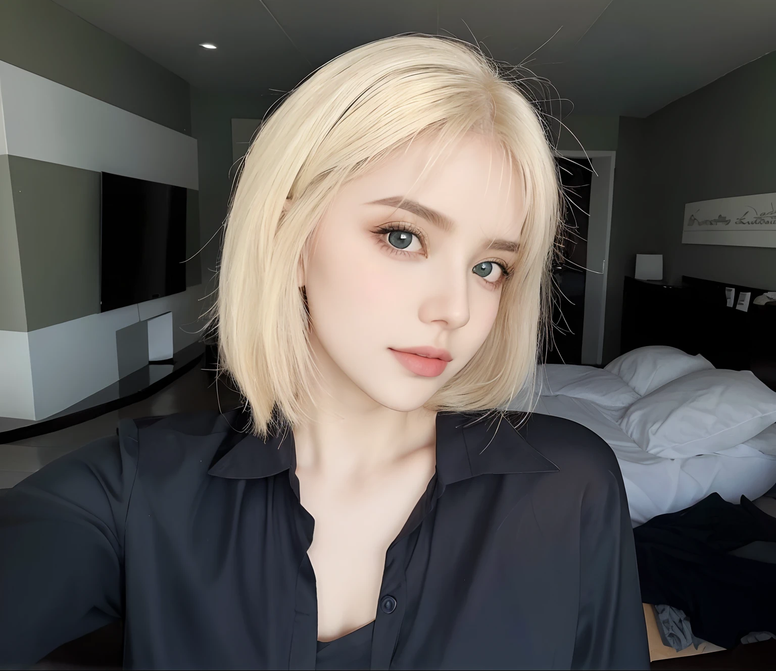 Mulher loira com olhos verdes e uma camisa preta posando para uma foto, cabelo loiro curto com franja, Amouranth, jovem Amouranth bonito, mais conhecido como Amouranth, com cabelos curtos, com cabelo curto com franja, com franja, extremely pale blond hair, morena com cabelos loiros tingidos, cabelos loiros e olhos grandes, cabelo arrumado com franja