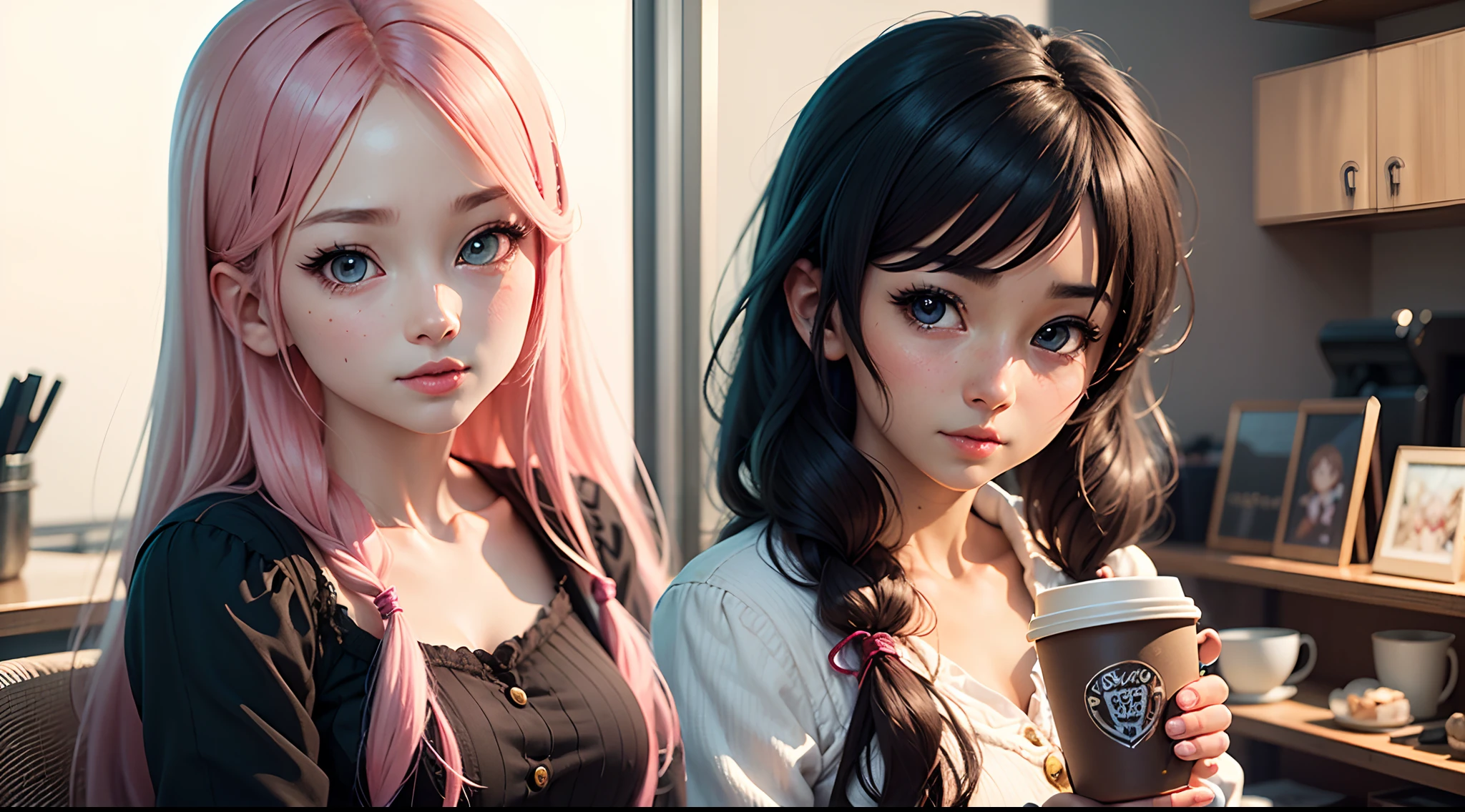 there is a woman that is holding a cup of coffee, anime girl in real life, realistic young anime girl, portrait of cute anime girl, cute natural anime face, kawaii realistic portrait, realistic anime 3 d style, cute kawaii girl, attractive anime girl, photorealistic anime, mysterious coffee shop girl, young anime girl, cute anime girl, anime girl with long hair