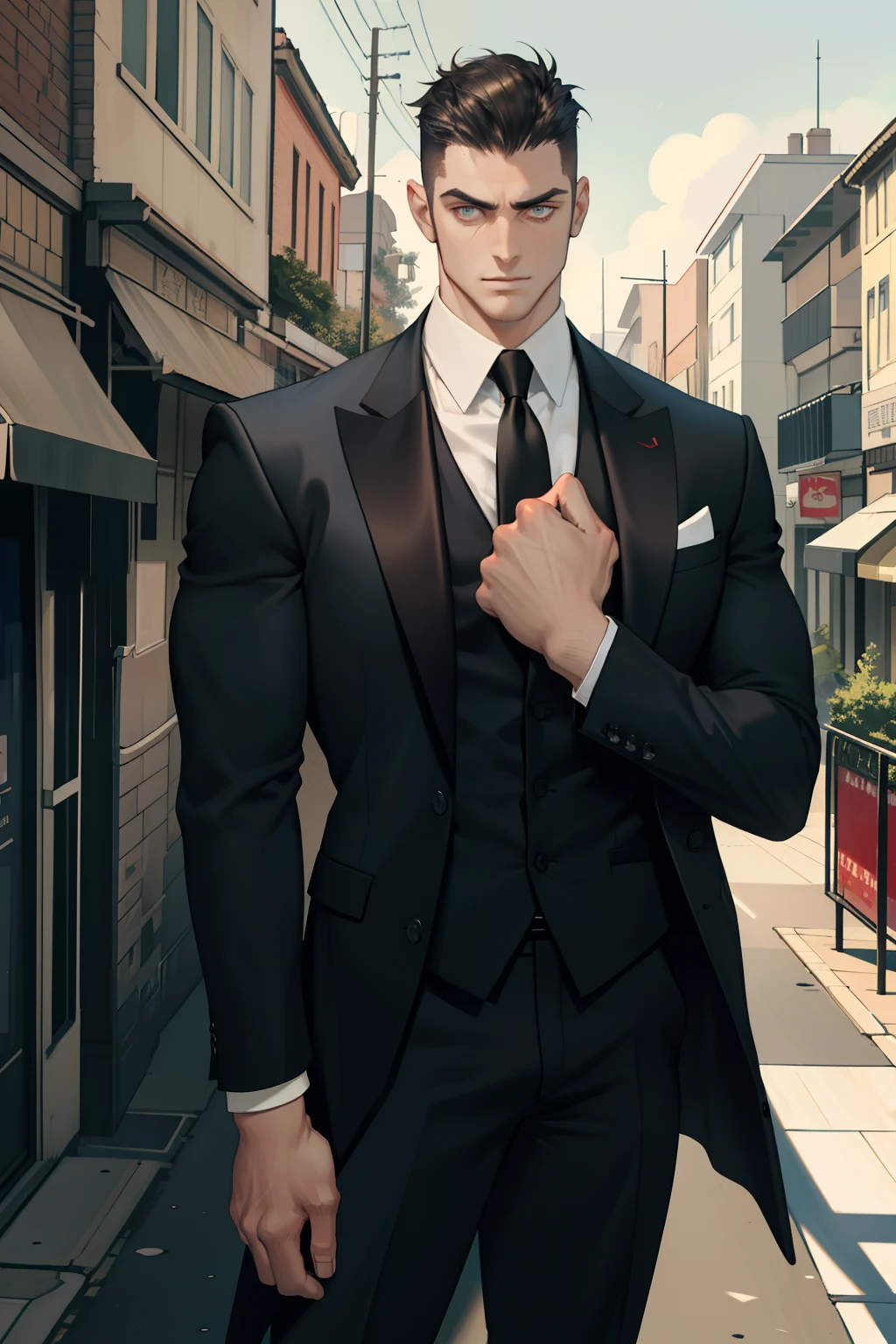 (masterpiece, best quality), 1 male, mature, aged up:1.4, tall muscular guy, broad shoulders, finely detailed eyes and detailed face, best ratio four finger and one thumb, best light and shadow, very short hair, undercut, mercenary, suit, morden urban landscape