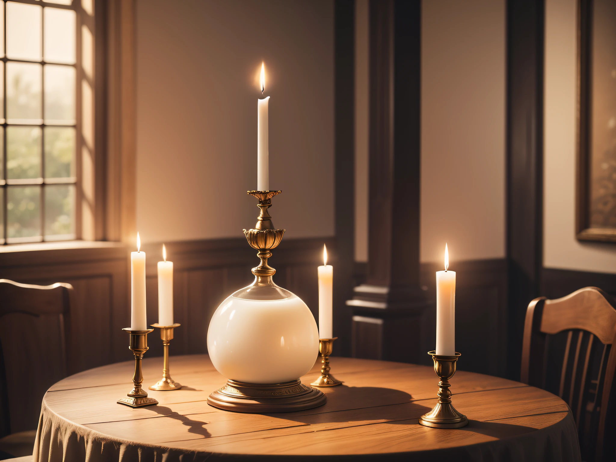 A large candle, lit, in a candlestick, on a table.