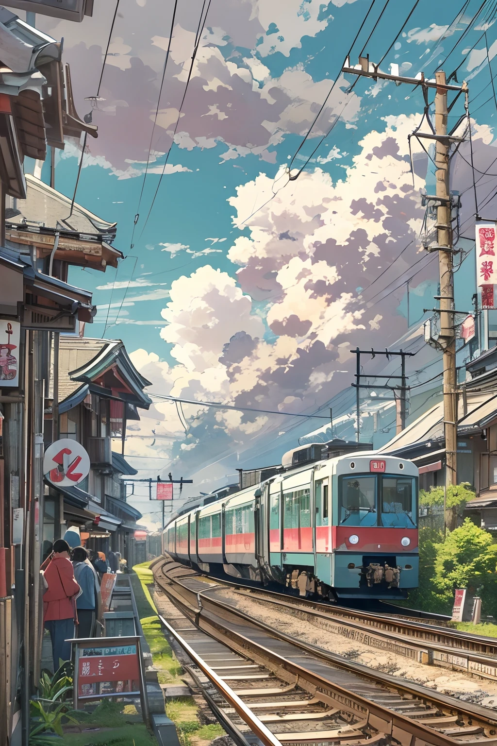 Chubu Japan Railway、Japan countryside、Cinematic scenery、Ghibli、during daytime、Clouds,crowds,masutepiece,Best Quality,Sketch style、