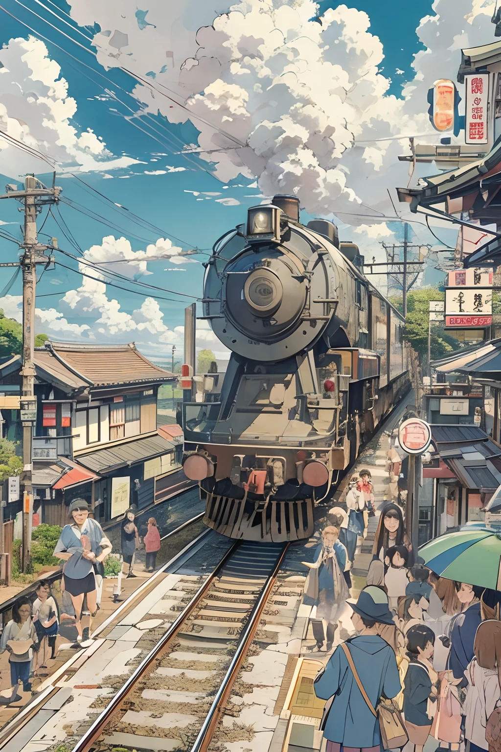 Chubu Japan Railway、Japan countryside、Cinematic scenery、Ghibli、during daytime、Clouds,crowds,masutepiece,Best Quality,Sketch style、