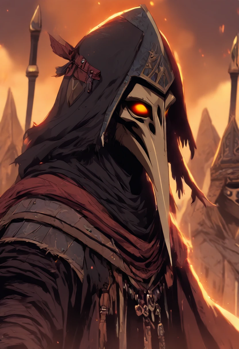 (((Long nose helmet,(similar to the black plague),))) best quality, ultra-high resolution, 4K detailed CG, master piece,SETH,god of chaos, Egyptian mythology,expression of evil,Egyptian clothing, desert ,((long nose, long ears) ) ,aesthetics, Beautiful image, centered on the screen, oasis in the background