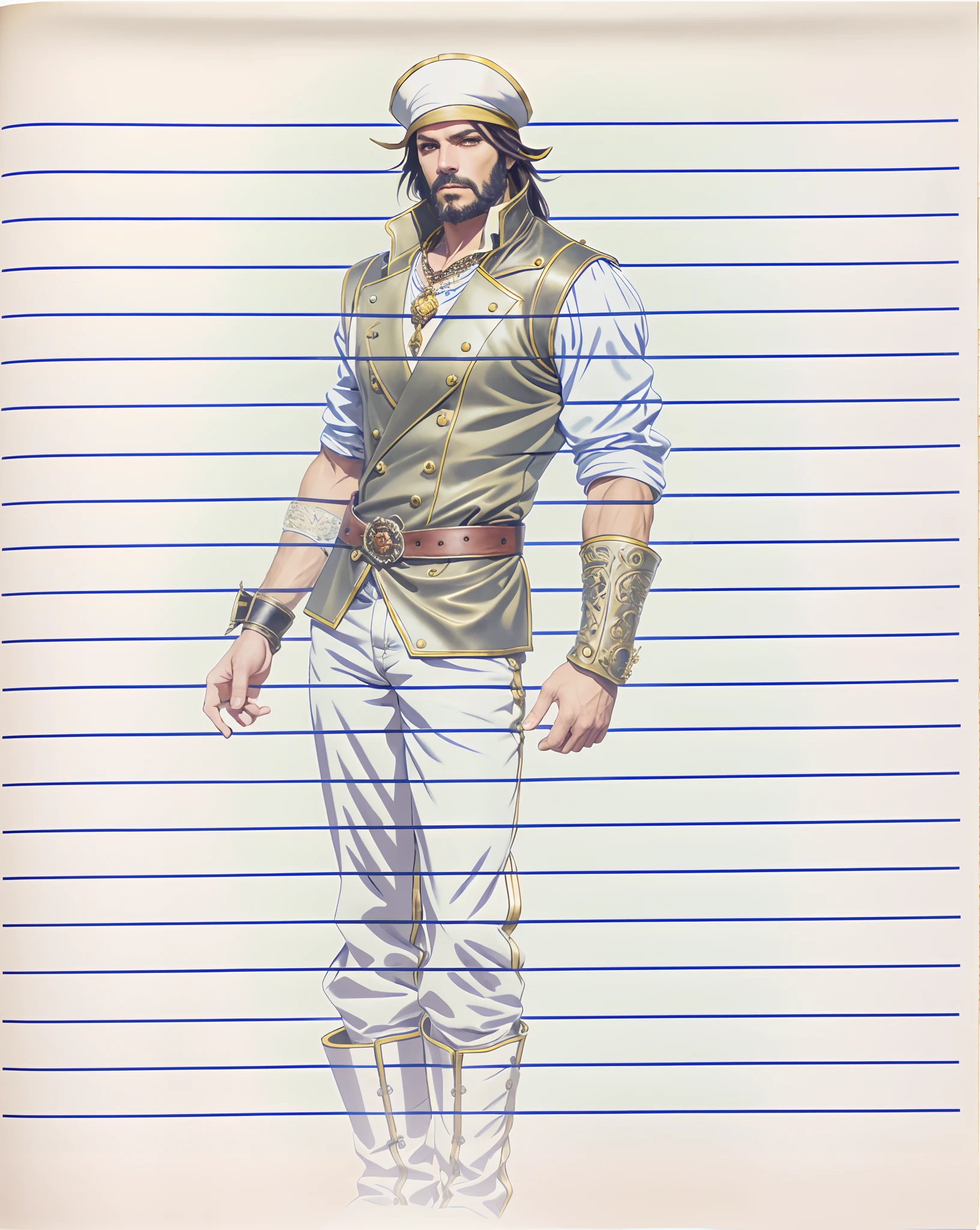 A middle-aged man with long black hair, medium length hair, wears a small round felt hat on his head, he has a cunning and sharp gaze, a beard, a tall and imposing figure, a fantasy-style pirate coat, sleeveless, exquisite stripes, a large skull pattern, has a golden sash around his waist, a leather belt with bone decorations, long gloves with metal ornaments, two-tone utility pants, knee-high leather boots, primarily in shades of black, accented by touches of red and yellow, he stands proudly at the bow of a massive pirate ship, this character embodies a finely crafted fantasy-style pirate in anime style, characterized by an exquisite and mature manga illustration art style, high definition, best quality, highres, ultra-detailed, ultra-fine painting, extremely delicate, professional, anatomically correct, symmetrical face, extremely detailed eyes and face, high quality eyes, creativity, RAW photo, UHD, 8k, Natural light, cinematic lighting, masterpiece:1.5