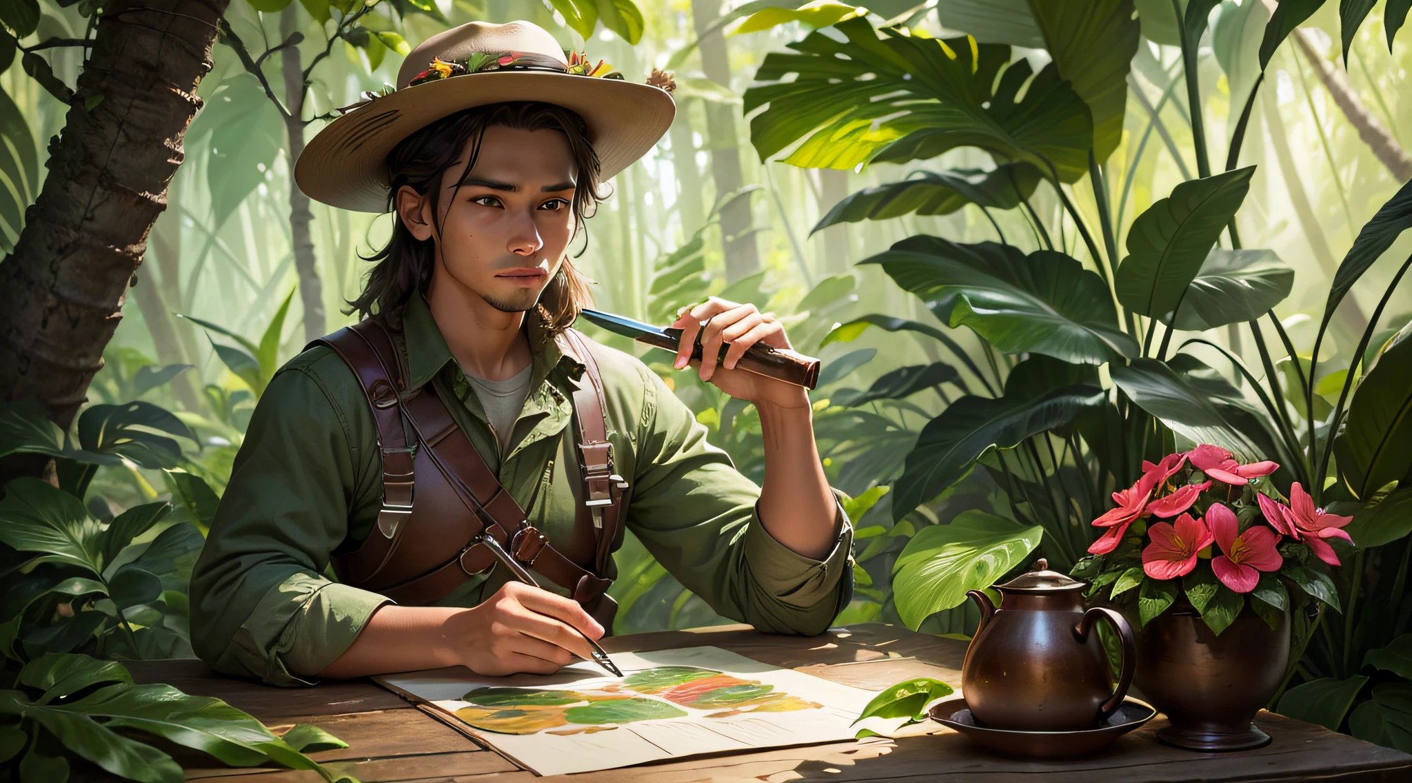 (Best quality, high resolucion), Detailed painting of an explorer in the middle of the jungle. The explorer is kneeling in front of a large multicolored flower. The explorer wears a hat and holds a machete. The painting is done in a realistic style, avec des couleurs vives et une mise au point nette. The lighting in the painting creates a sense of depth and highlights the details of the jungle foliage. The artist captured the intricate textures of the explorer's clothing and the delicate petals of the flower. The overall composition is balanced, with the explorer positioned in the center of the table, surrounded by lush greenery and the vibrant hues of the flower.
