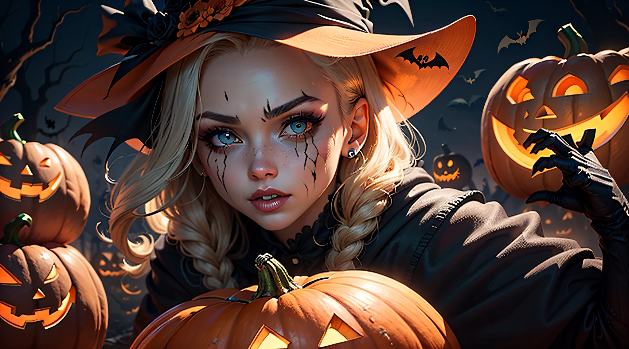 (extremely detailed CG unity 8k wallpaper),(masterpiece), (best quality), (ultra-detailed), (best illustration),(best shadow), (sharp eyeliner, eyeshadow, detailed eyes:1.1), (halloween, night sky, jack-o'-lantern, :1.1), ,BREAK, (vectorhalloween:1.2), ,