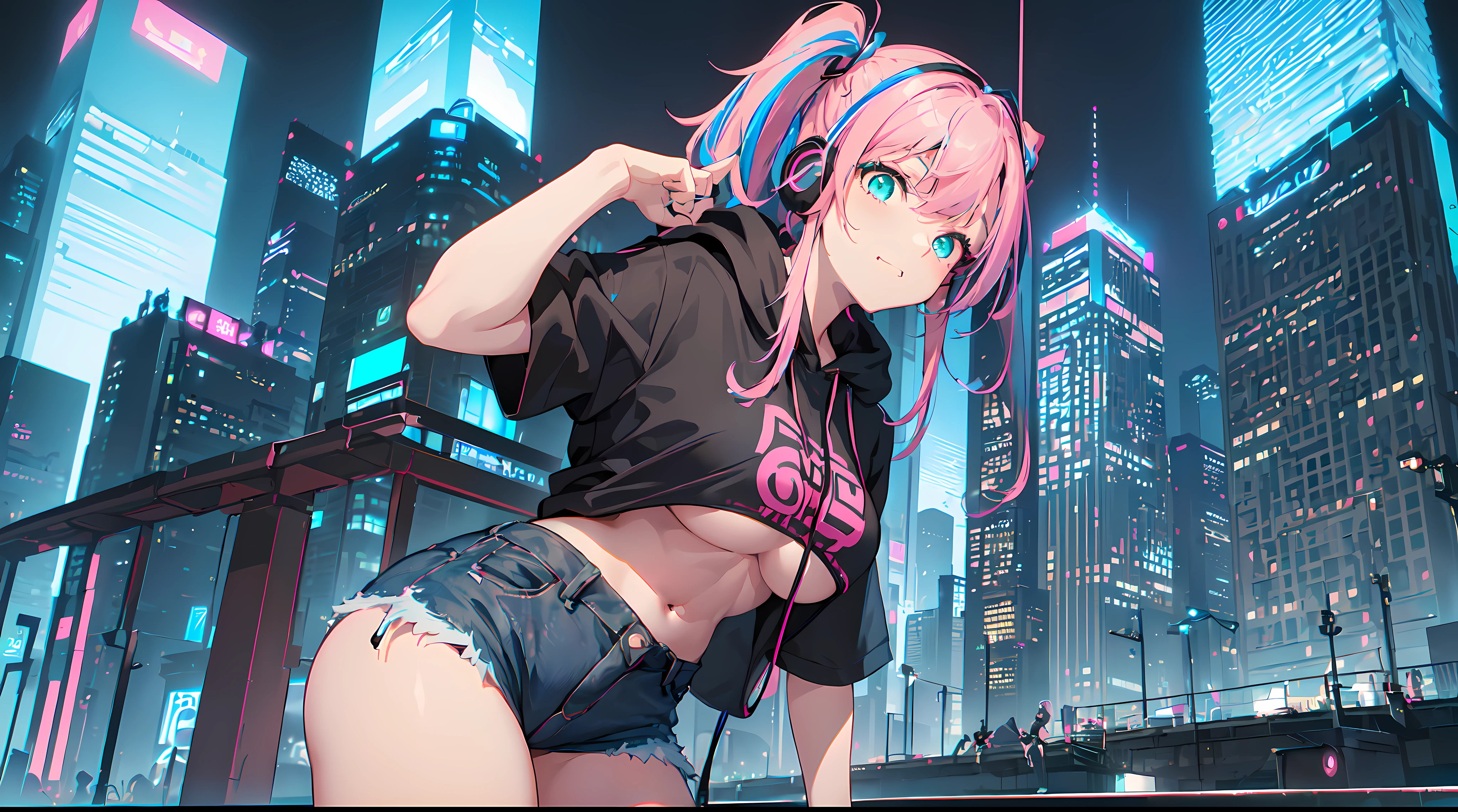 ​masterpiece, 1girl ((20year old, Black short sleeve hoodie exposes navel, tight blue jeans, medium breasts, multicolor pink hair, twin ponytails, green eyes, Happiness, headphones, urban cityscape at night, neon lights and towering skyscrapers, futuristic and energetic atmosphere)）