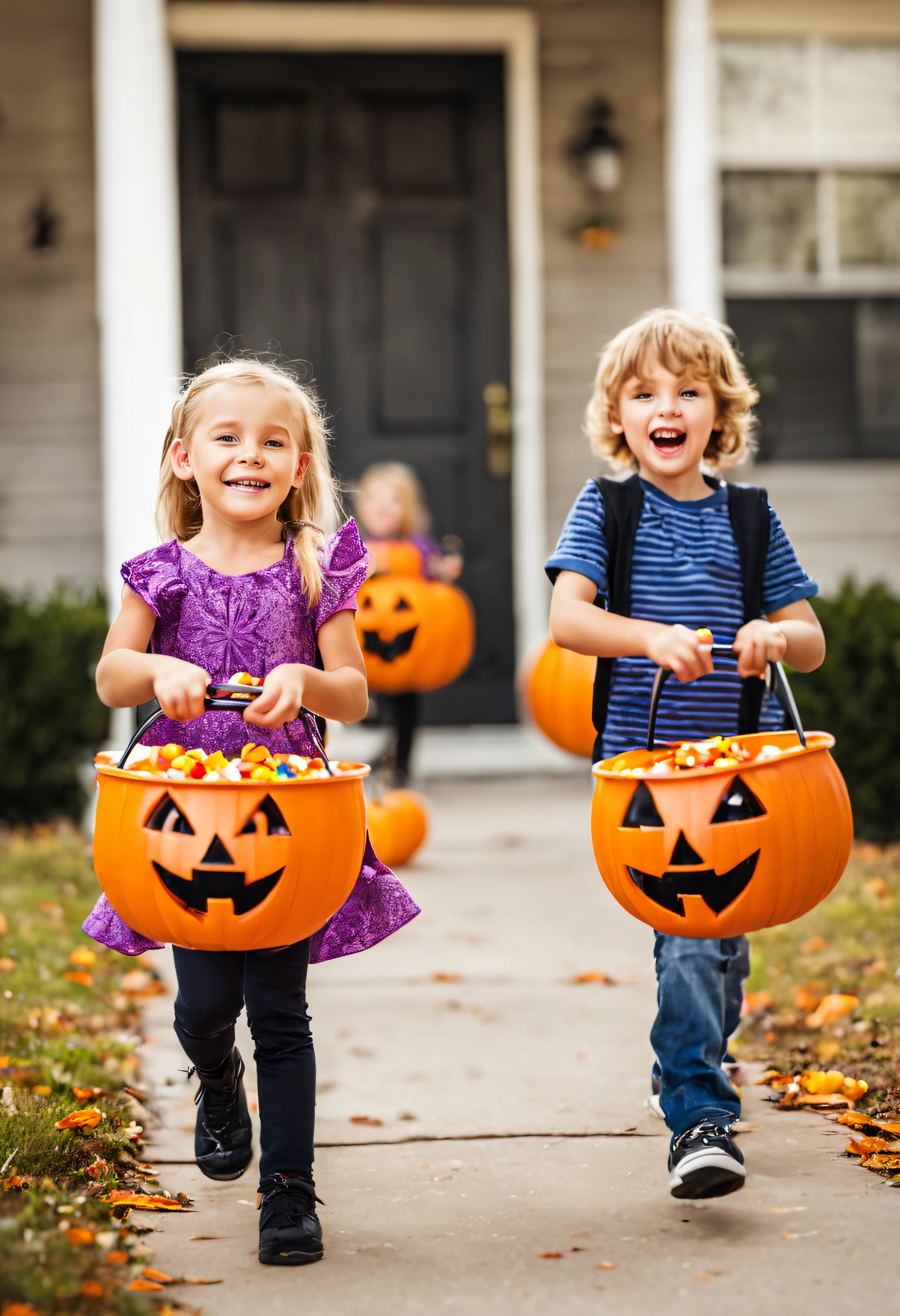 Children Trick Or Treating with Jack-O-Lantern Candy Buckets on Halloween