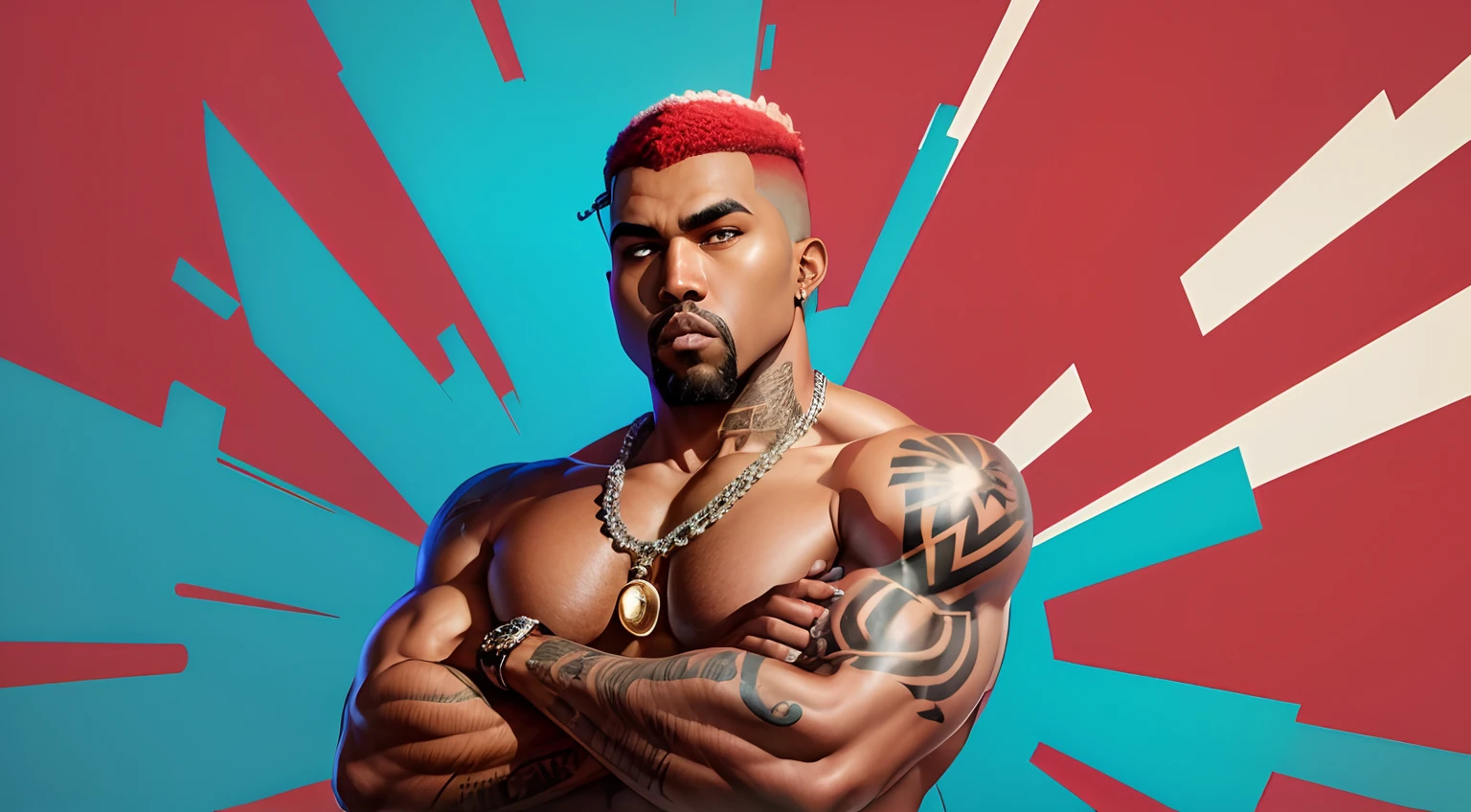 Kanye West Estilo de desenho anime anime, red hair, Sobrancelhas vermelhas, cavanhaque vermelho, GTAV, tatuagem sem camisa, tatuagem da barriga, arm tattoo, Hip hop neck chain, arms crossed, fundo vermelho com raios azuis, foco no plano de fundo .