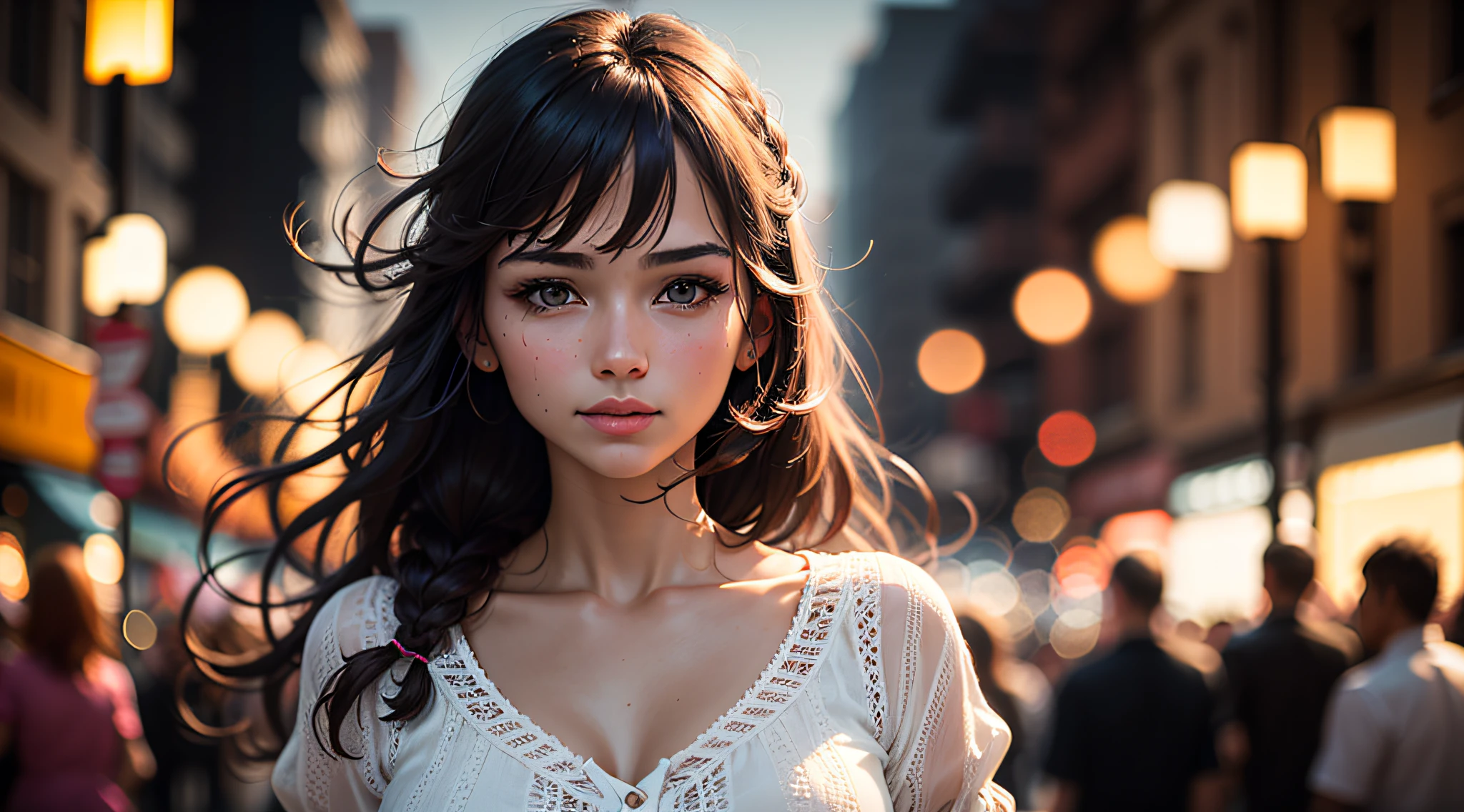 best quality, photorealistic, 1girl, woman,(skindentation), medium breast, (bright), (professional lighting, bokeh), (street), people, crowds, braided bangs, (blouse:1.5), (portait:0.8), gorgeous, bloom, floating hair, (dynamic pose:0.6) , soft lighting,