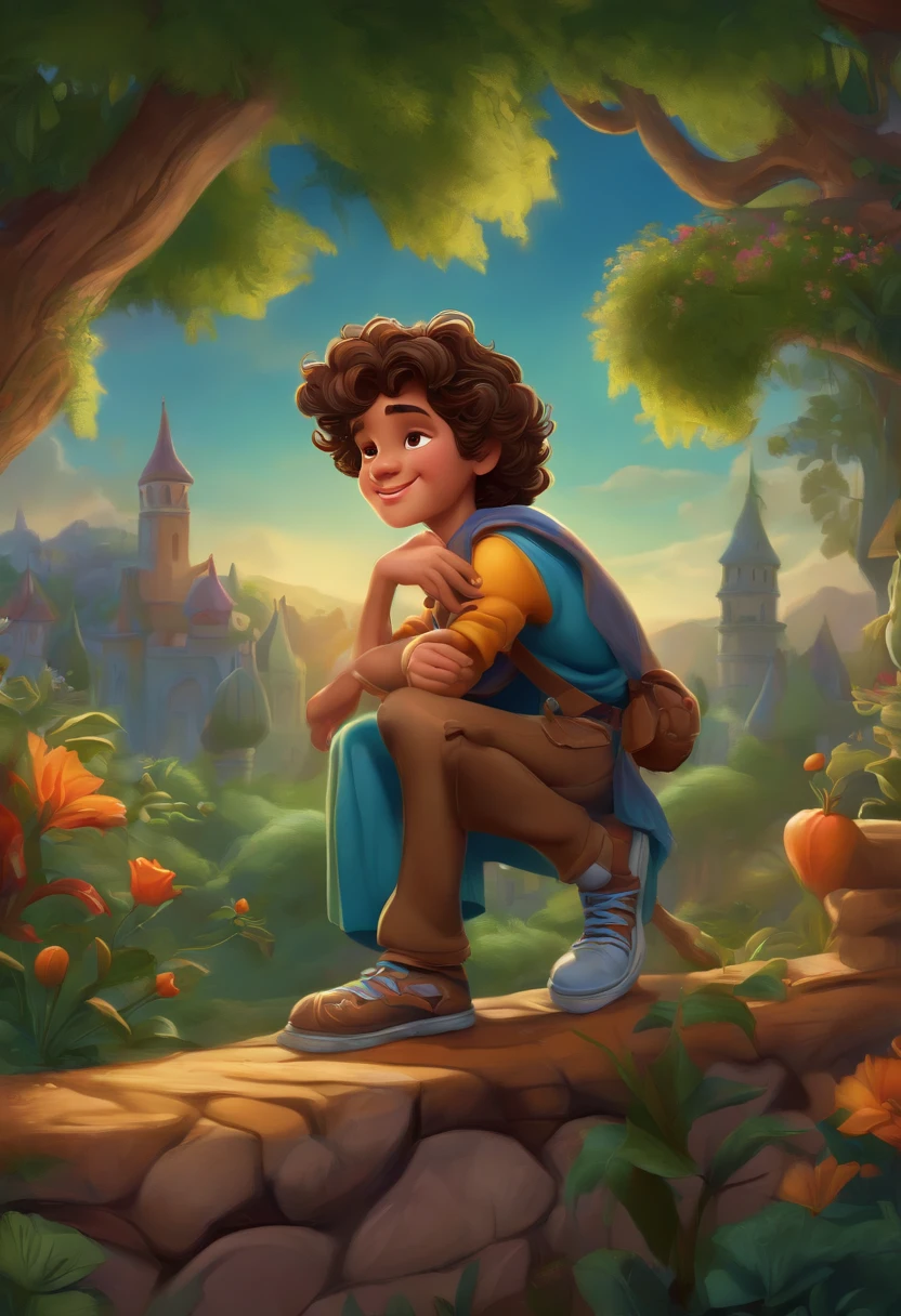 Children's Cartoon, similar to a Disney prince, with dark brown hair, Curly, super mignon, Colorful drawing (((art graffiti) (par Karen Griffith))), Crazy Detail, intricate high detail, super detail, cinematic soft lighting, exposure blend, HDR 8K, Saturated colors in the foreground