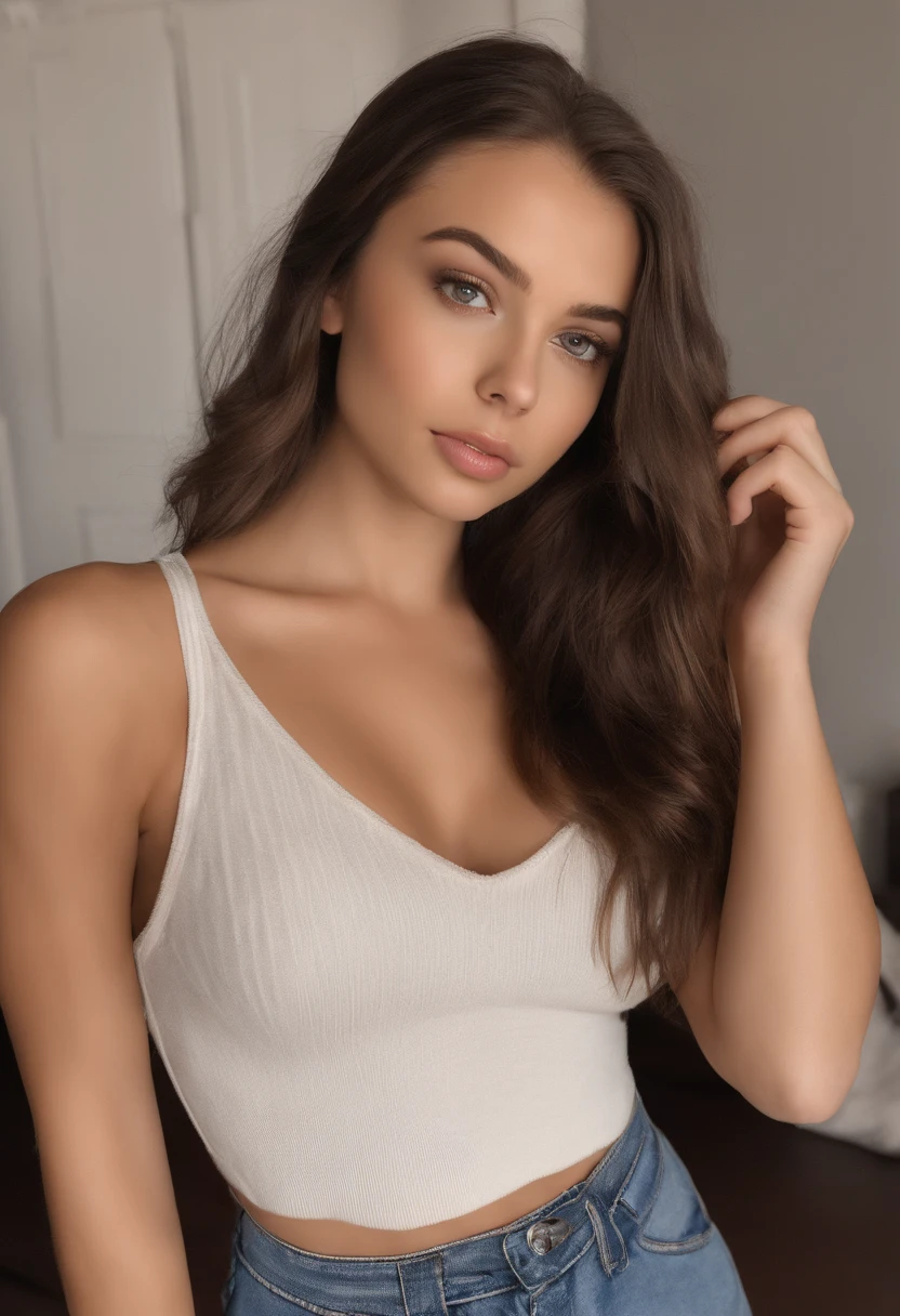 arafed teen with matching tank top and panties, sexy girl with brown eyes, portrait sophie mudd, brown hair and large eyes, selfie of a young girl, bedroom eyes, violet myers, without makeup, natural makeup, looking directly at the camera, face with artgram, subtle makeup, stunning full body shot, in bedroom, cleavage