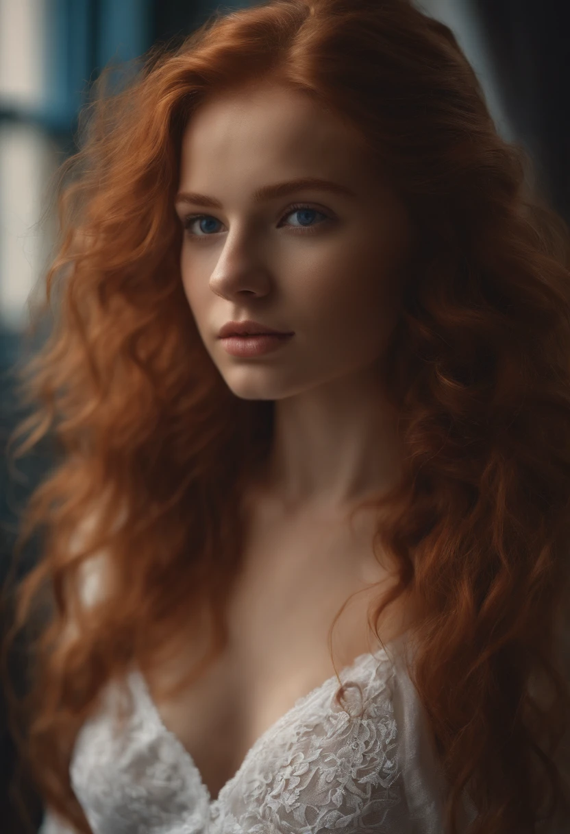 beautiful redhead girl, 18 years old, perfect body, full body, blue eyes, 8k, perfect bust, white mini lingerie, perfect face, Slavic, masterpiece, hyper detailed, photo realism, wavy hair messy by the wind