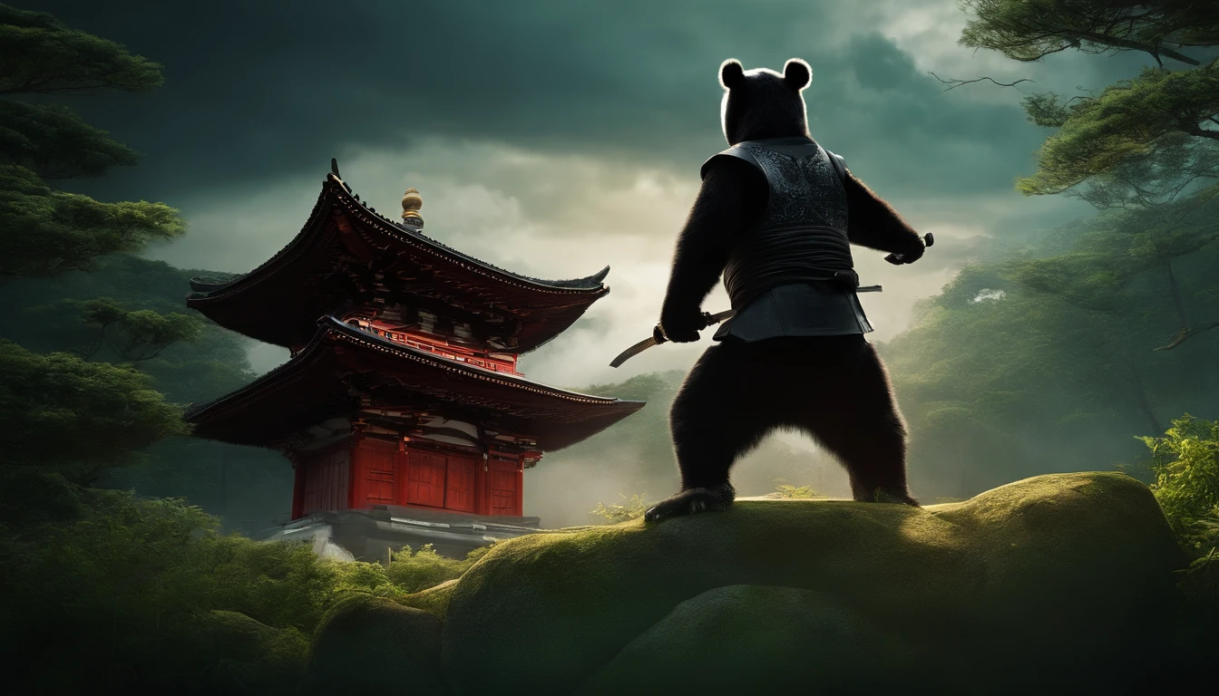 An angry ninja panda demon in attack position in front of a Japanese pagoda with a forest in the background. demonic traits. Fundo noturno.