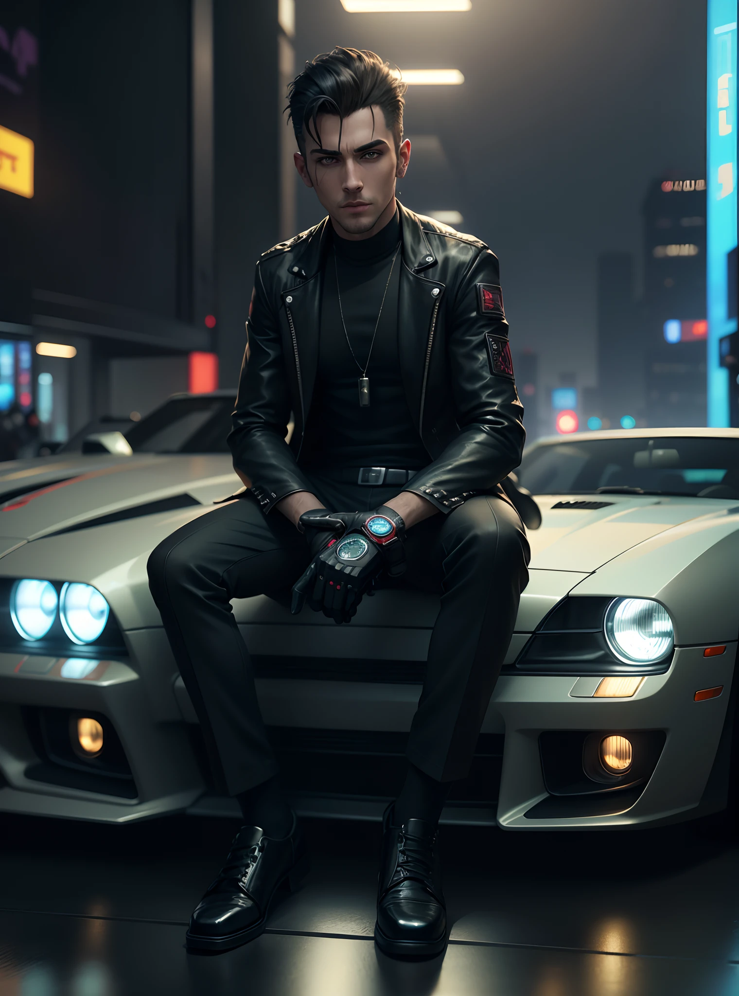 Change background with rare car, cyberpunk handsome boy realistic face,8k ultra realistic, with a cat